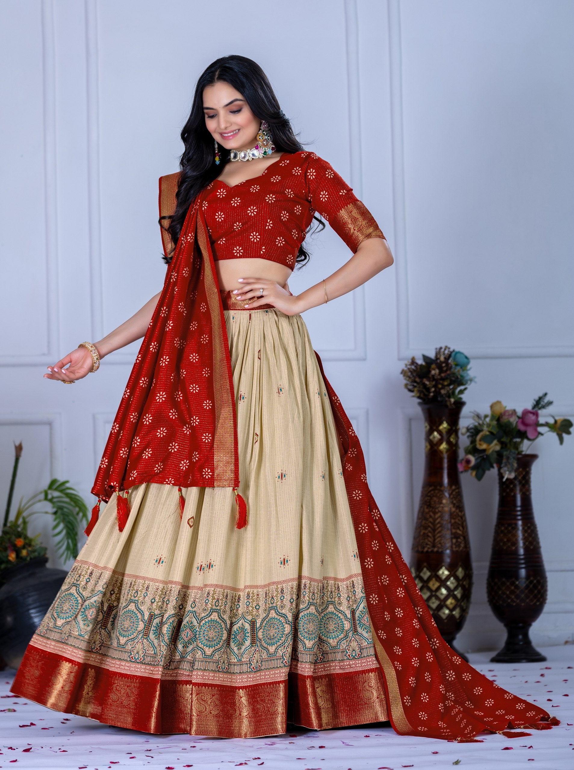 "Heavy Lichi Jacquard Lehenga Set with Zari Work (Stitched Upto Size 44) | Wedding & Festive Wear | 3.8m Flair" (Copy)