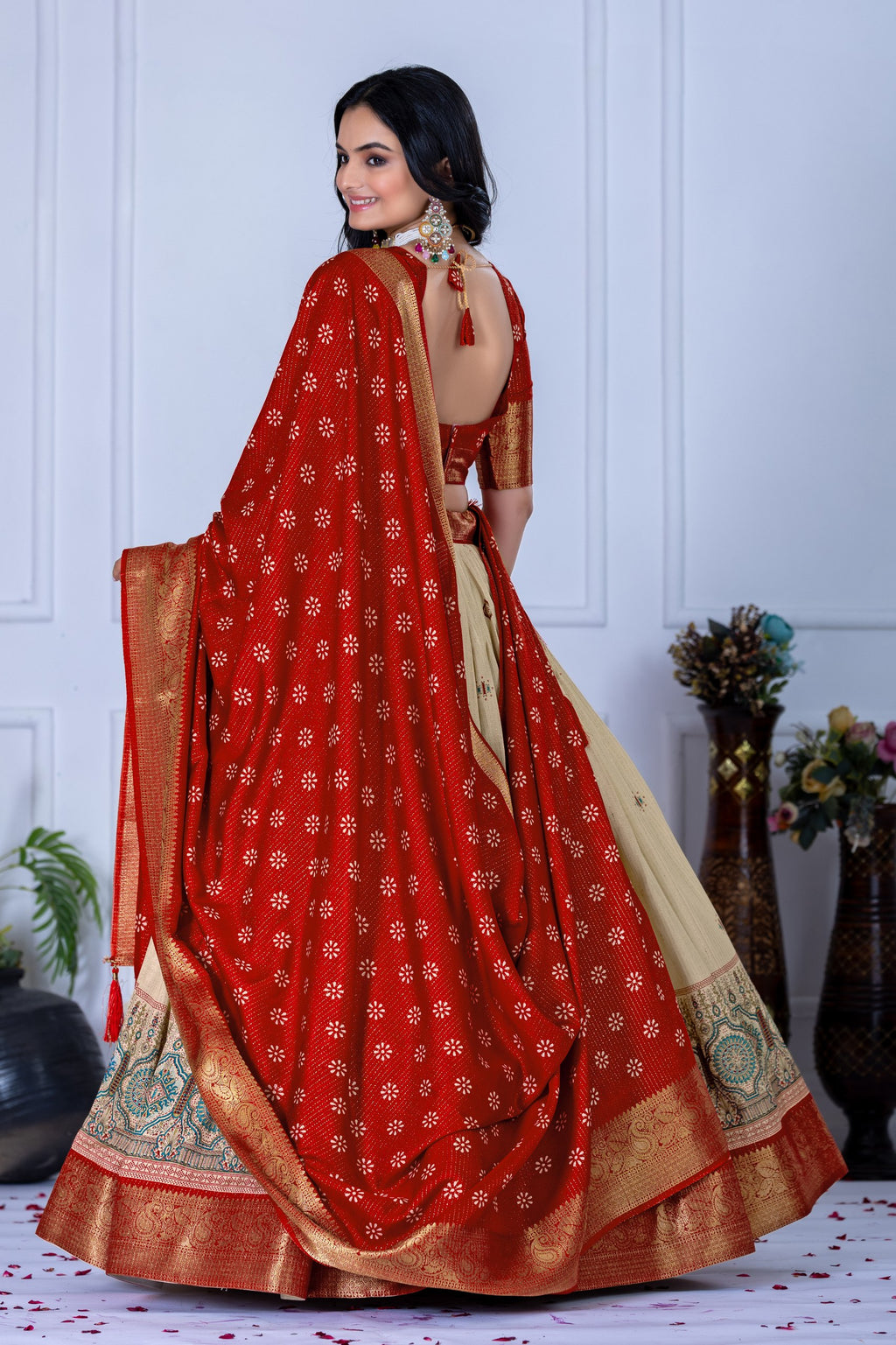 "Heavy Lichi Jacquard Lehenga Set with Zari Work (Stitched Upto Size 44) | Wedding & Festive Wear | 3.8m Flair" (Copy)