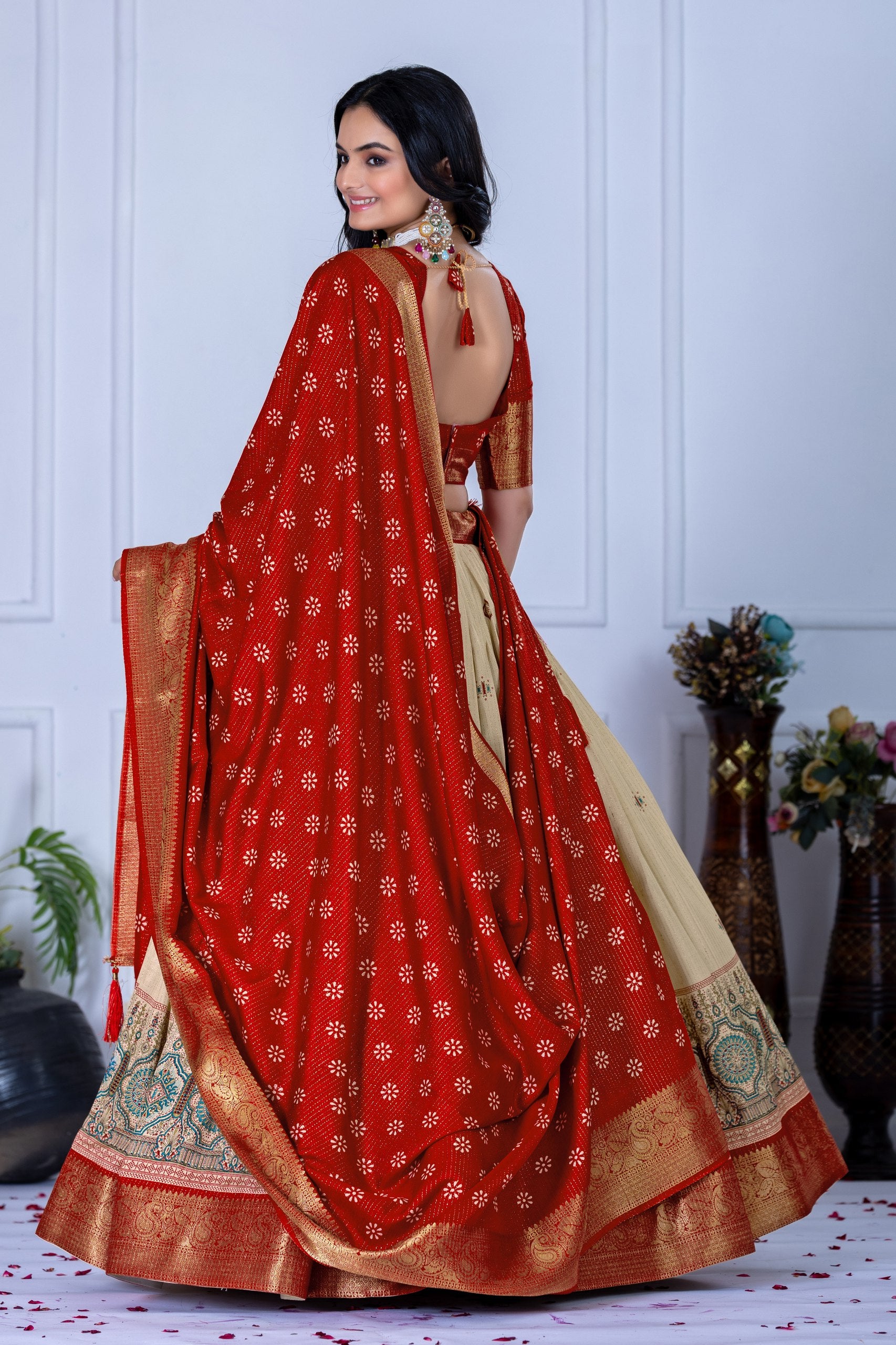 "Heavy Lichi Jacquard Lehenga Set with Zari Work (Stitched Upto Size 44) | Wedding & Festive Wear | 3.8m Flair" (Copy)