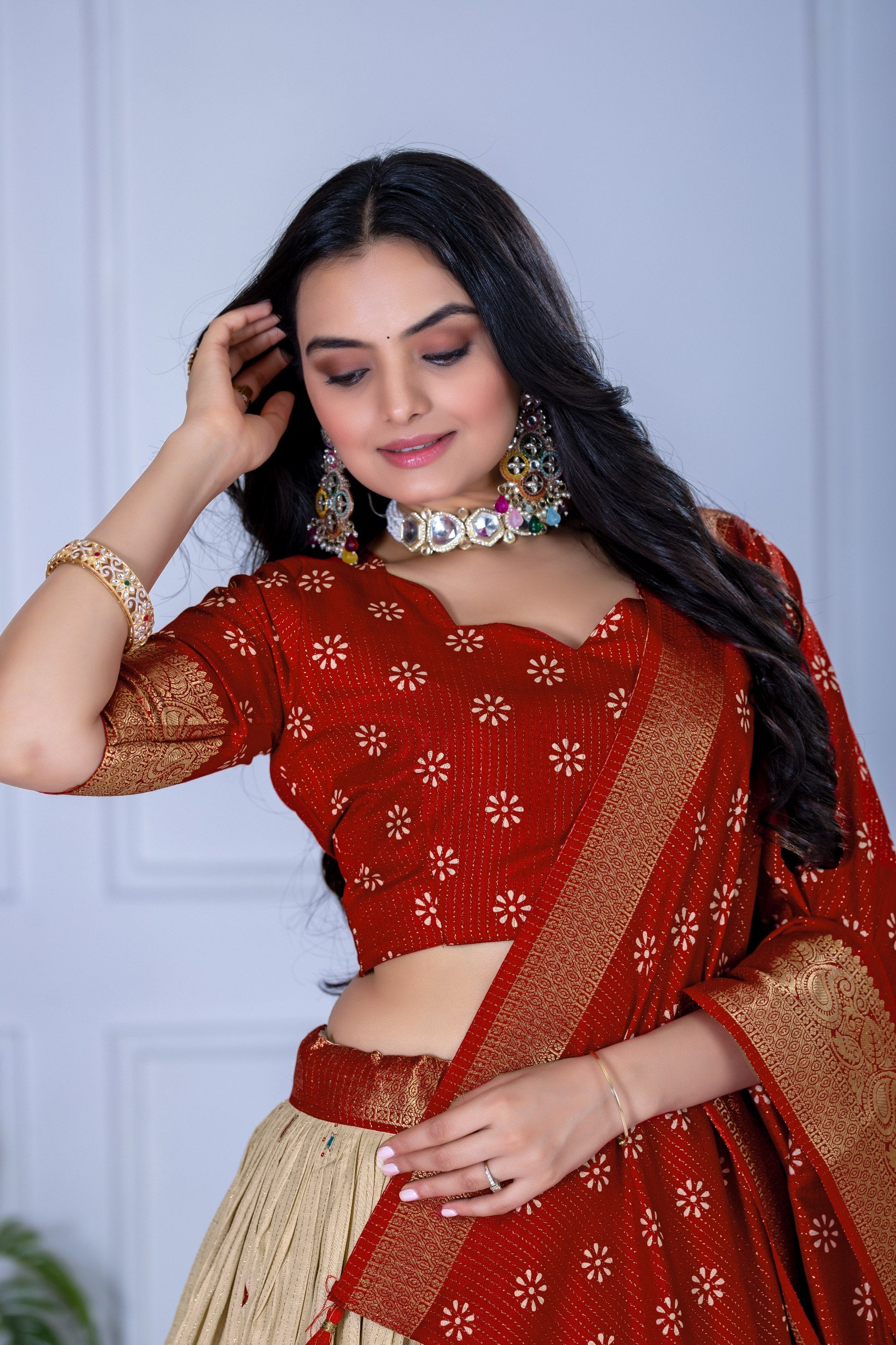 "Heavy Lichi Jacquard Lehenga Set with Zari Work (Stitched Upto Size 44) | Wedding & Festive Wear | 3.8m Flair" (Copy)
