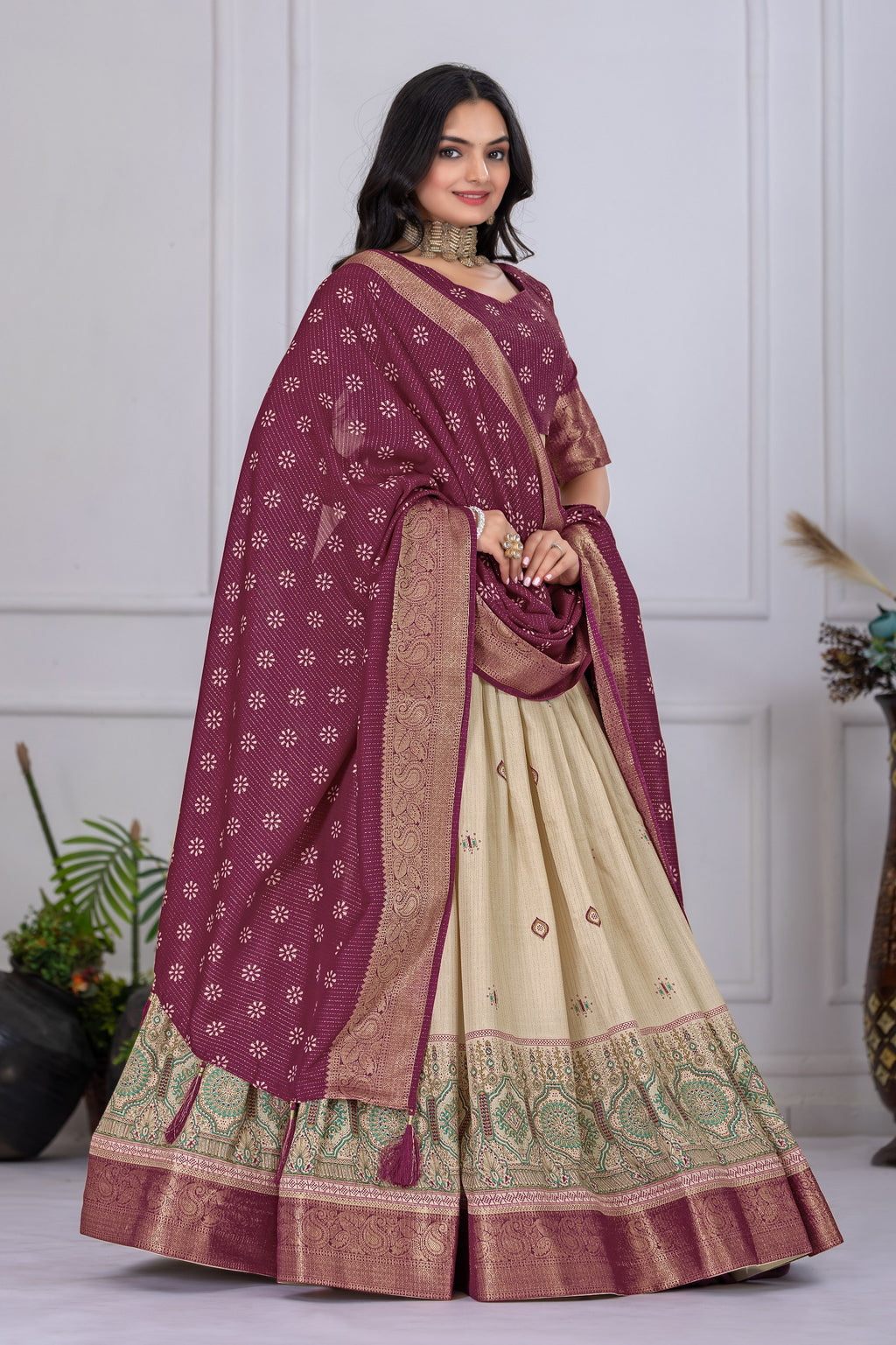 "Heavy Lichi Jacquard Lehenga Set with Zari Work (Stitched Upto Size 44) | Wedding & Festive Wear | 3.8m Flair"
