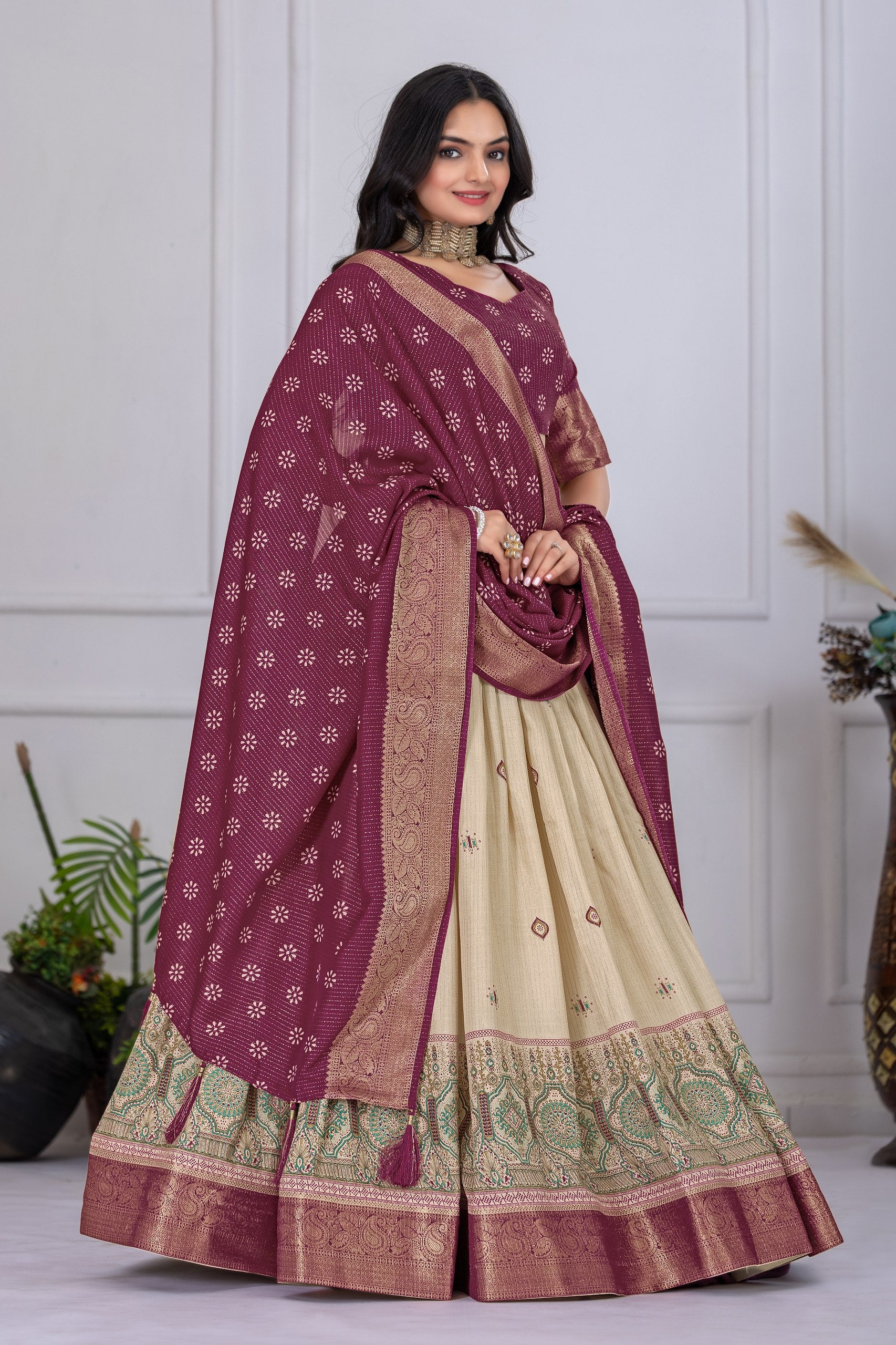 "Heavy Lichi Jacquard Lehenga Set with Zari Work (Stitched Upto Size 44) | Wedding & Festive Wear | 3.8m Flair"