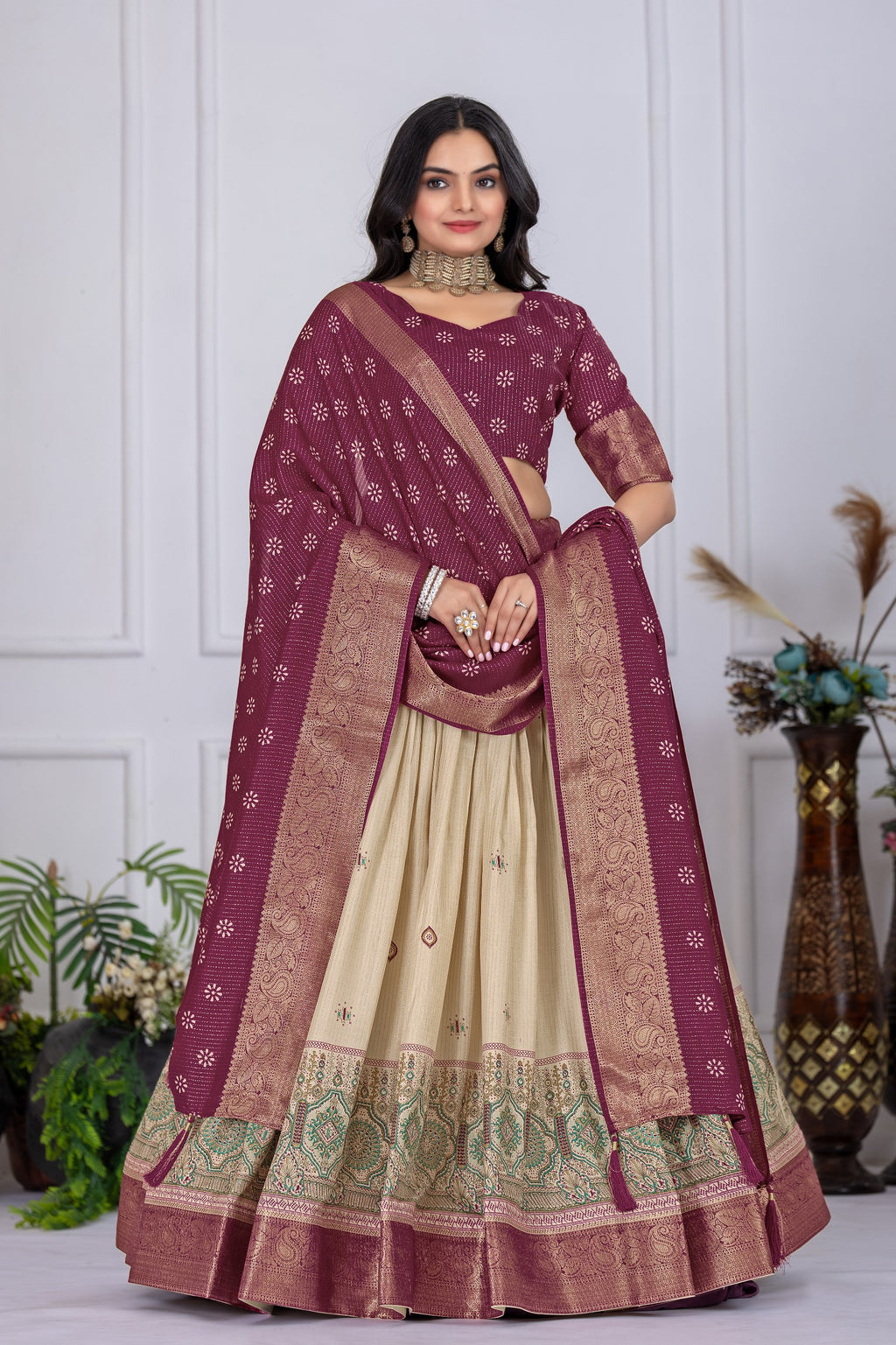 "Heavy Lichi Jacquard Lehenga Set with Zari Work (Stitched Upto Size 44) | Wedding & Festive Wear | 3.8m Flair"
