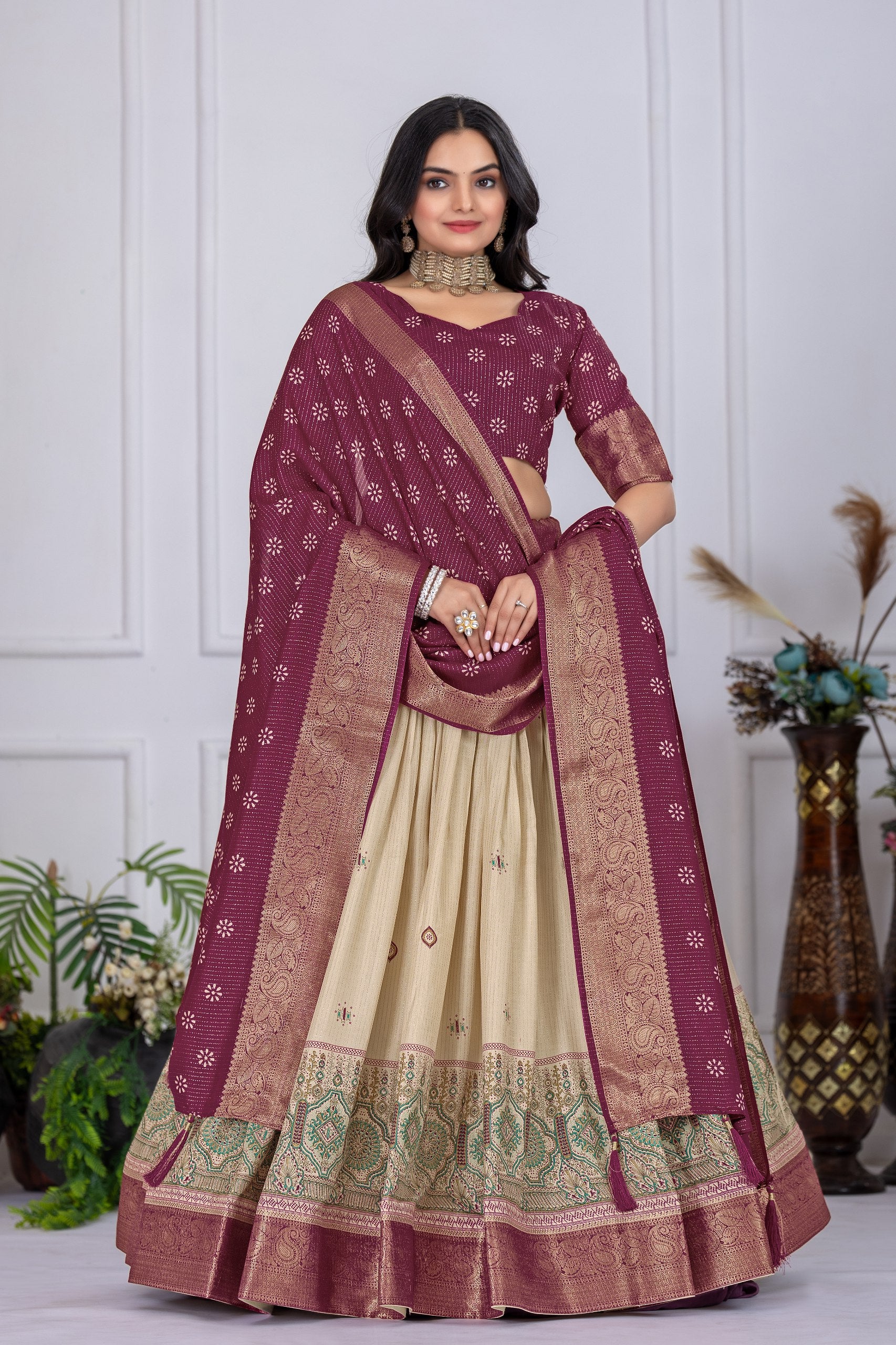 "Heavy Lichi Jacquard Lehenga Set with Zari Work (Stitched Upto Size 44) | Wedding & Festive Wear | 3.8m Flair"