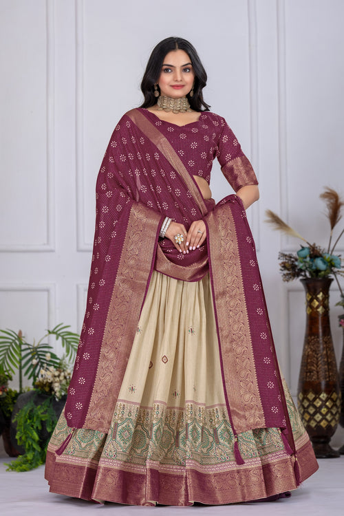 "Heavy Lichi Jacquard Lehenga Set with Zari Work (Stitched Upto Size 44) | Wedding & Festive Wear | 3.8m Flair"