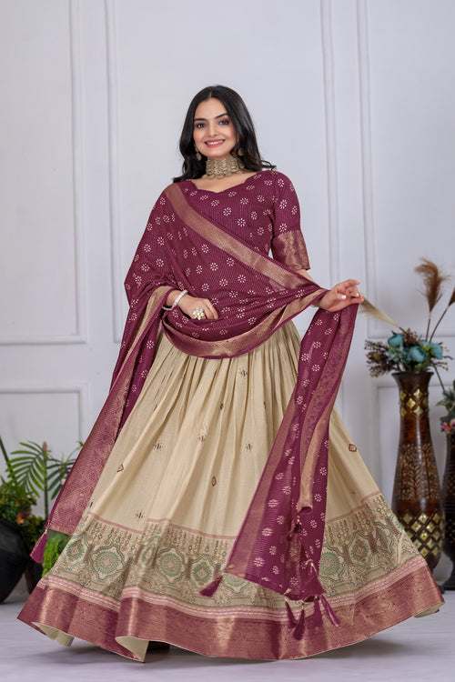 "Heavy Lichi Jacquard Lehenga Set with Zari Work (Stitched Upto Size 44) | Wedding & Festive Wear | 3.8m Flair"