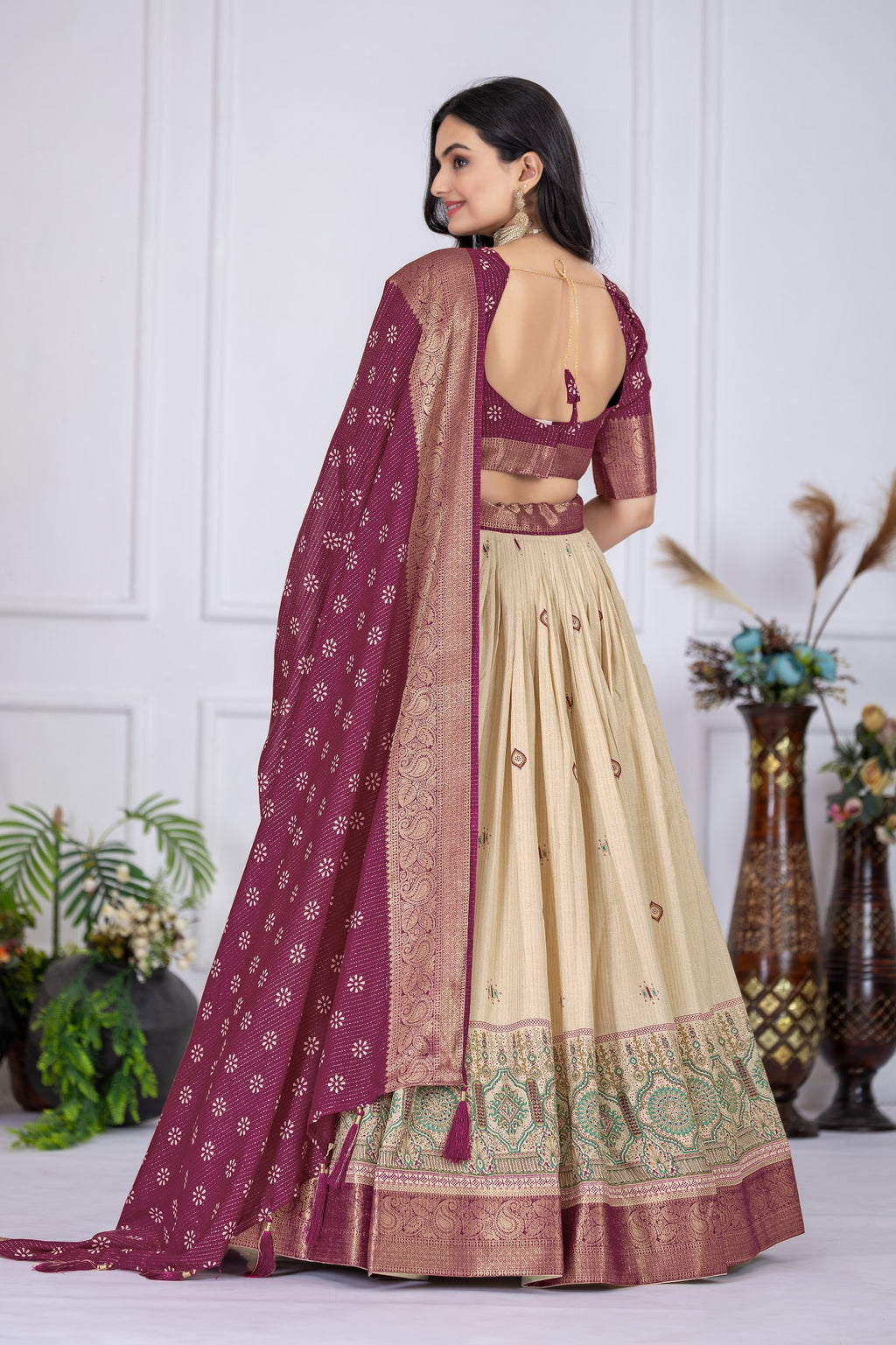 "Heavy Lichi Jacquard Lehenga Set with Zari Work (Stitched Upto Size 44) | Wedding & Festive Wear | 3.8m Flair"