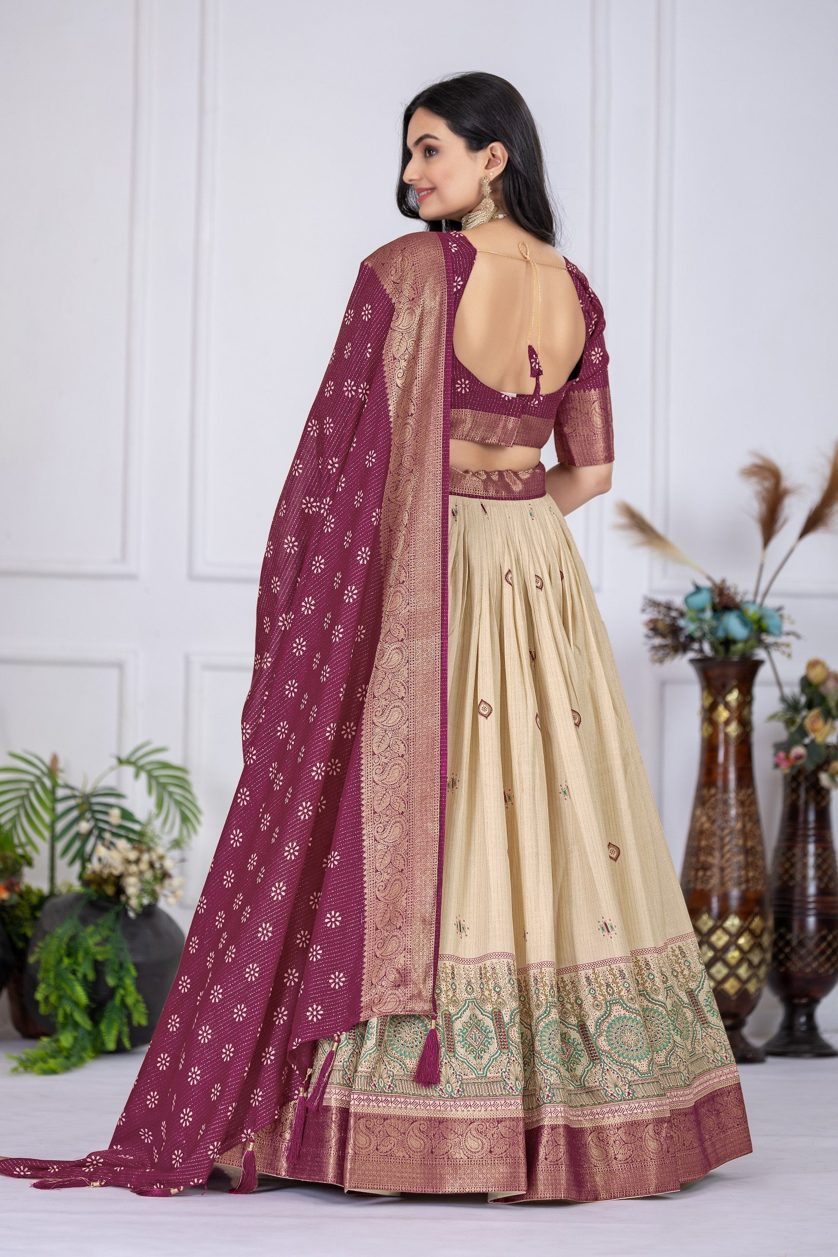 "Heavy Lichi Jacquard Lehenga Set with Zari Work (Stitched Upto Size 44) | Wedding & Festive Wear | 3.8m Flair"
