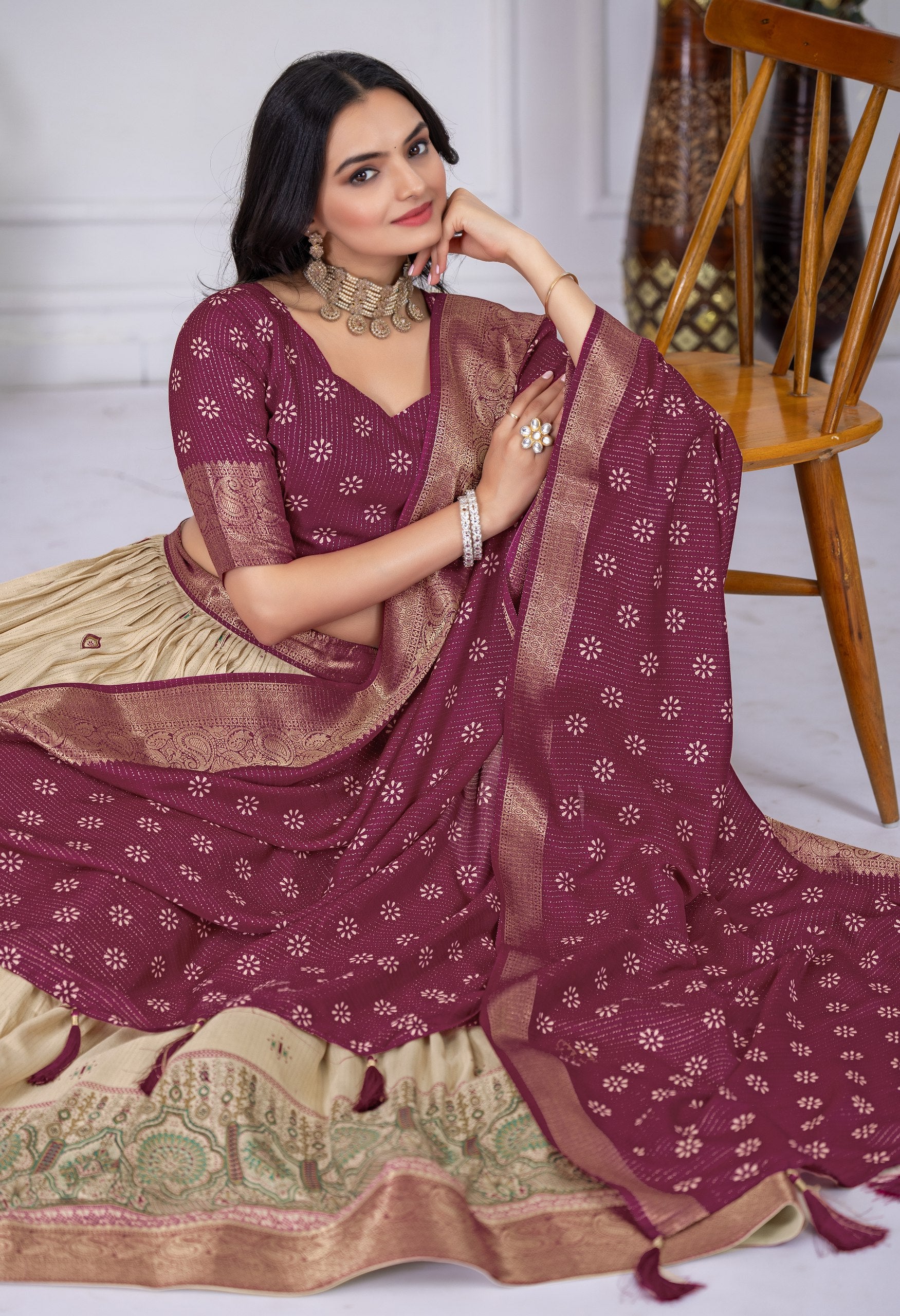 "Heavy Lichi Jacquard Lehenga Set with Zari Work (Stitched Upto Size 44) | Wedding & Festive Wear | 3.8m Flair"