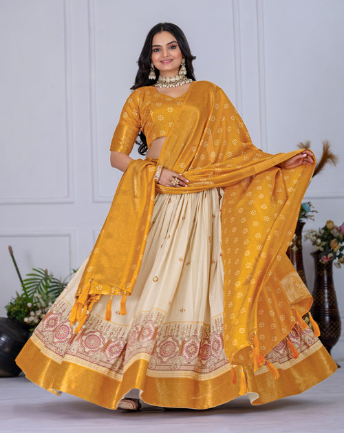 "Heavy Lichi Jacquard Lehenga Set with Zari Work (Stitched Upto Size 44) | Wedding & Festive Wear | 3.8m Flair"