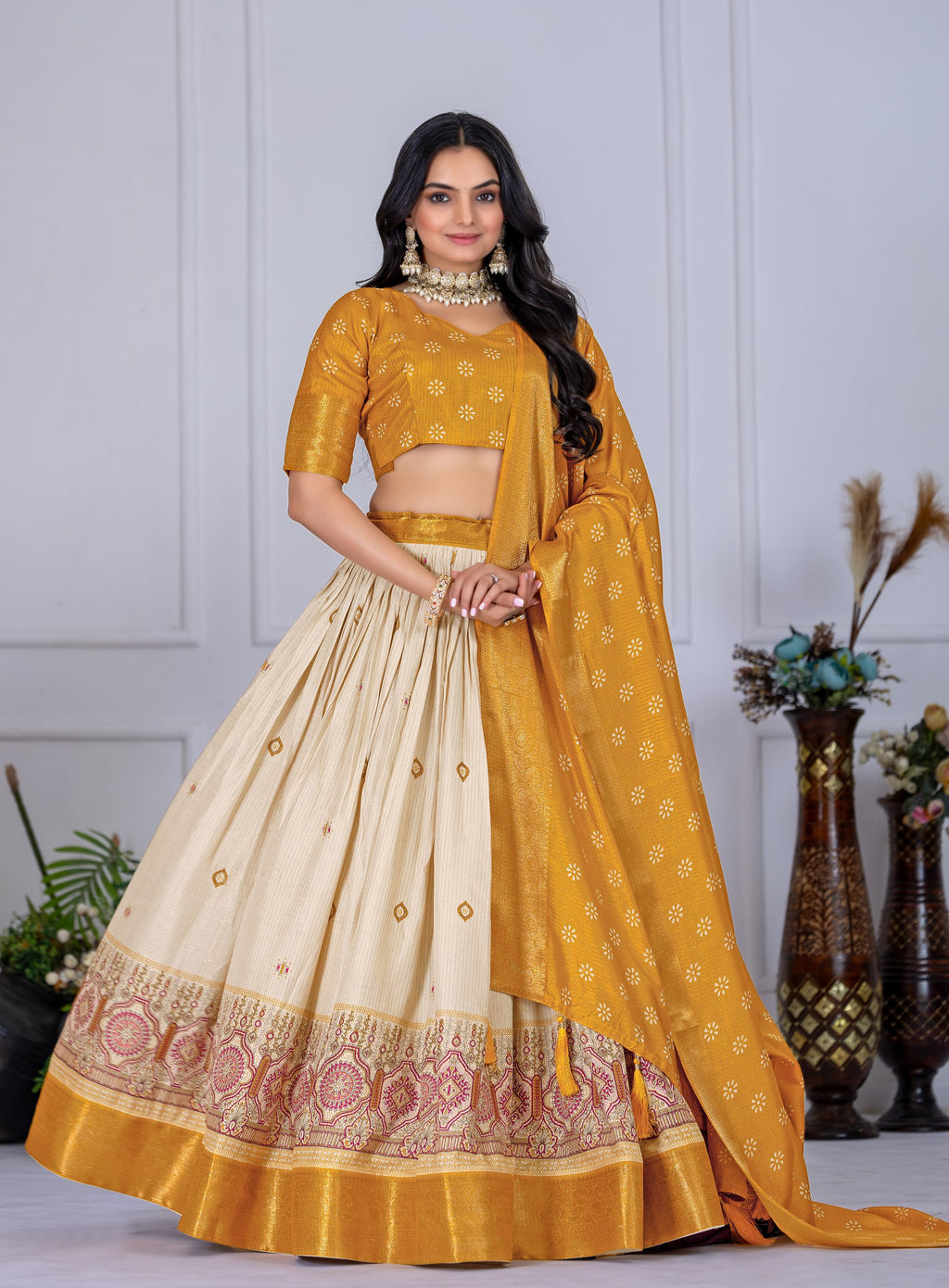 "Heavy Lichi Jacquard Lehenga Set with Zari Work (Stitched Upto Size 44) | Wedding & Festive Wear | 3.8m Flair"