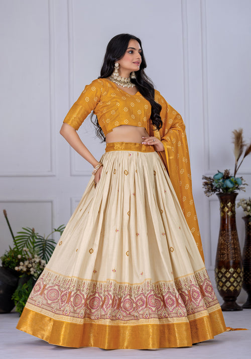 "Heavy Lichi Jacquard Lehenga Set with Zari Work (Stitched Upto Size 44) | Wedding & Festive Wear | 3.8m Flair"
