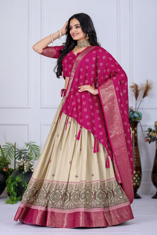 "Heavy Lichi Jacquard Lehenga Set with Zari Work (Stitched Upto Size 44) | Wedding & Festive Wear | 3.8m Flair"