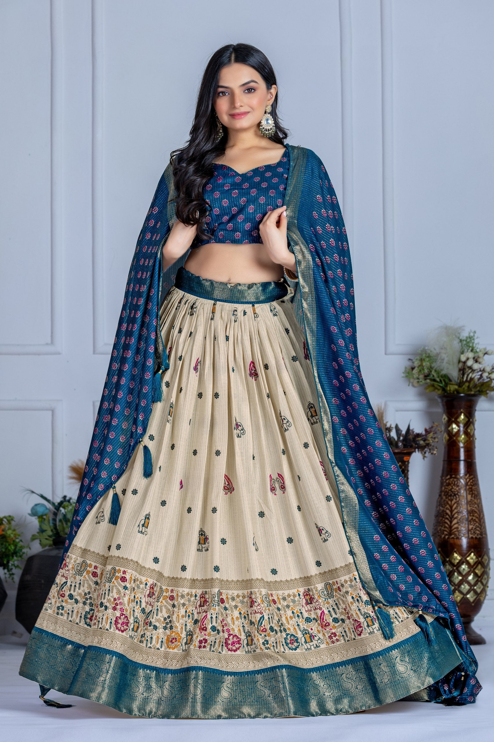 ✨ "Heavy Lichi Jacquard Lehenga Choli with Dupatta | Stitched Upto Size 44 | Wedding & Party Wear (1.2 KG) 🌹"