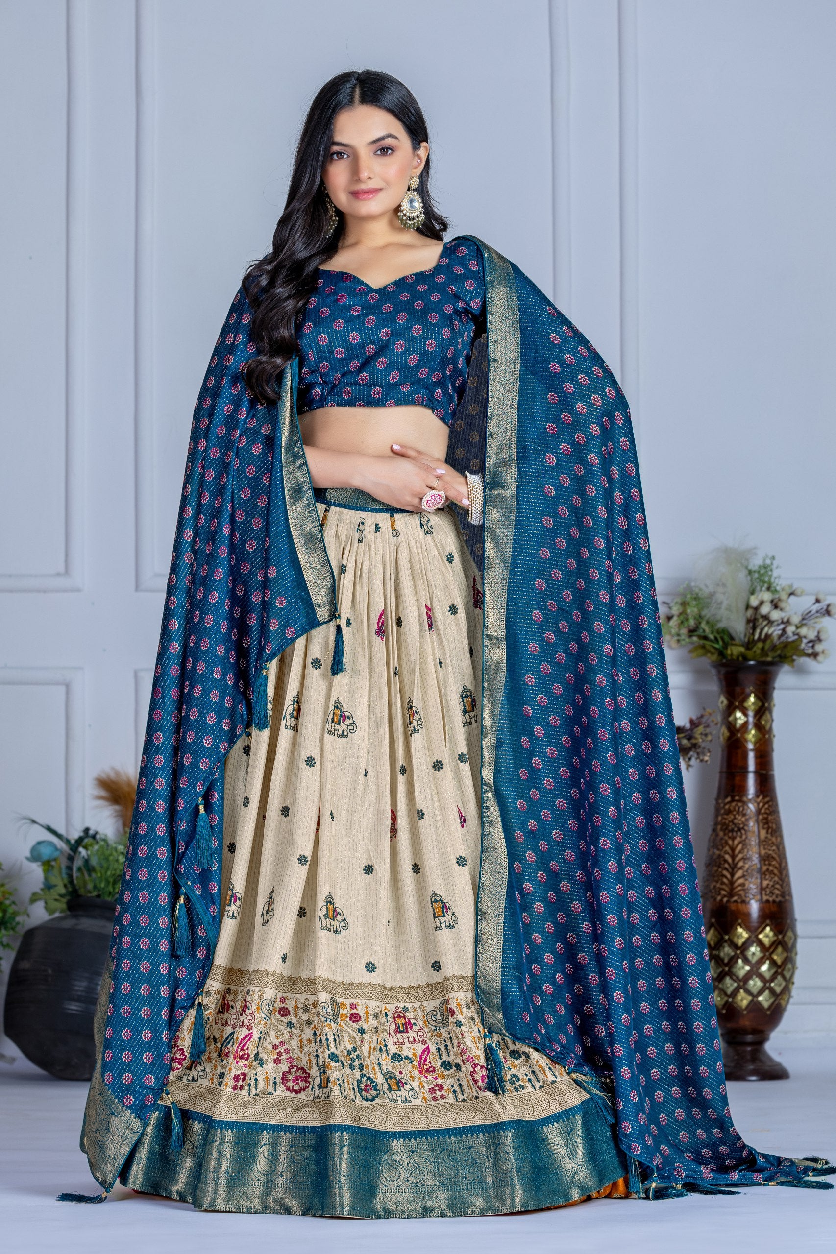 ✨ "Heavy Lichi Jacquard Lehenga Choli with Dupatta | Stitched Upto Size 44 | Wedding & Party Wear (1.2 KG) 🌹"