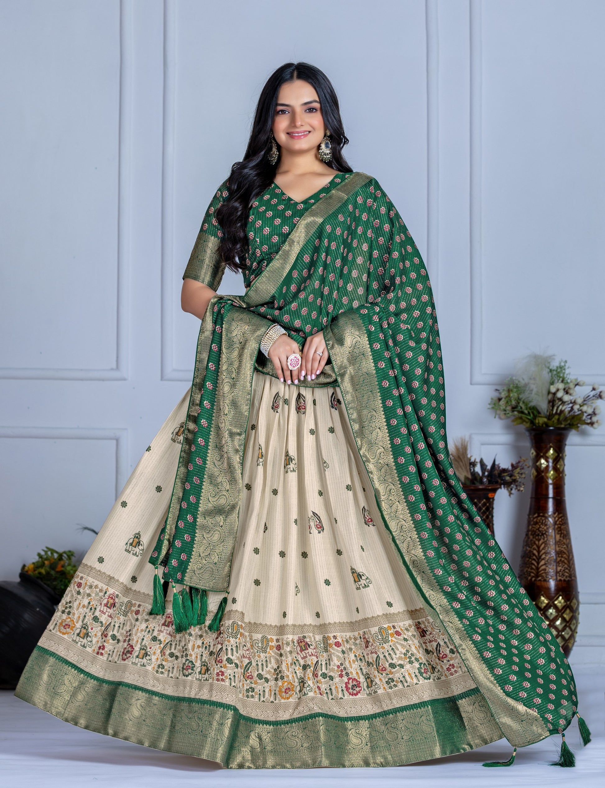 ✨ "Heavy Lichi Jacquard Lehenga Choli with Dupatta | Stitched Upto Size 44 | Wedding & Party Wear (1.2 KG) 🌹"