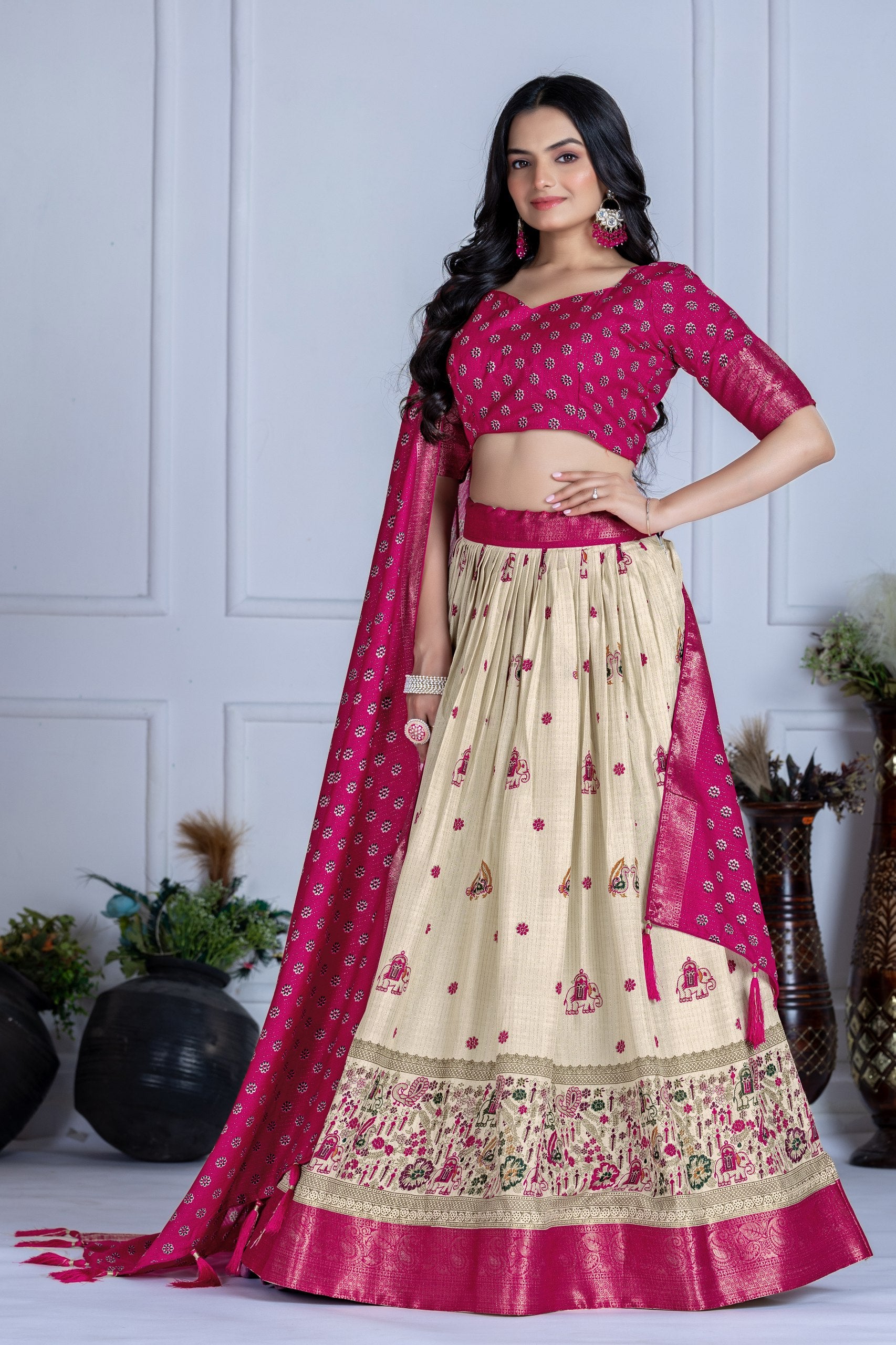 ✨ "Heavy Lichi Jacquard Lehenga Choli with Dupatta | Stitched Upto Size 44 | Wedding & Party Wear (1.2 KG) 🌹"