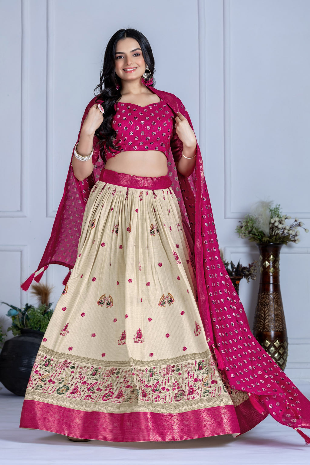 ✨ "Heavy Lichi Jacquard Lehenga Choli with Dupatta | Stitched Upto Size 44 | Wedding & Party Wear (1.2 KG) 🌹"
