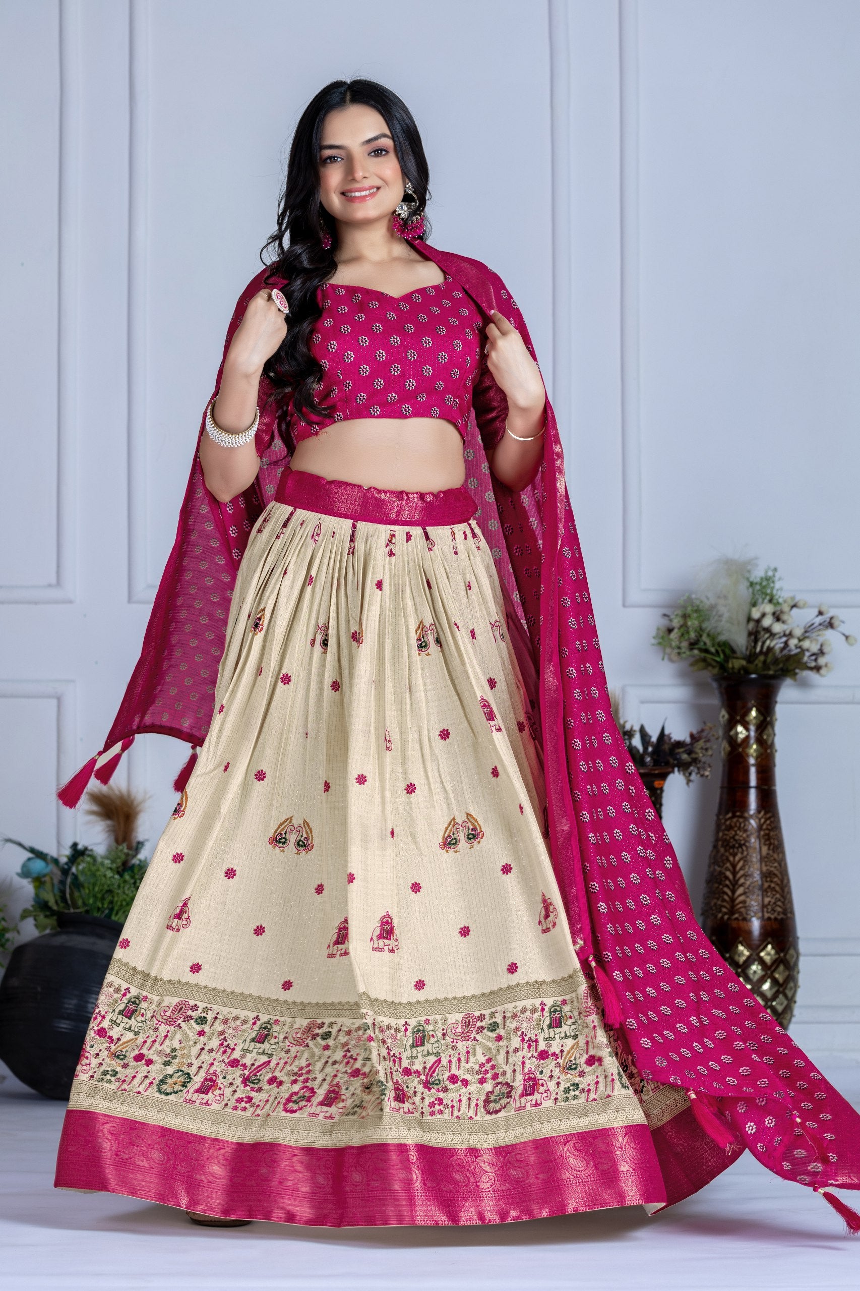 ✨ "Heavy Lichi Jacquard Lehenga Choli with Dupatta | Stitched Upto Size 44 | Wedding & Party Wear (1.2 KG) 🌹"