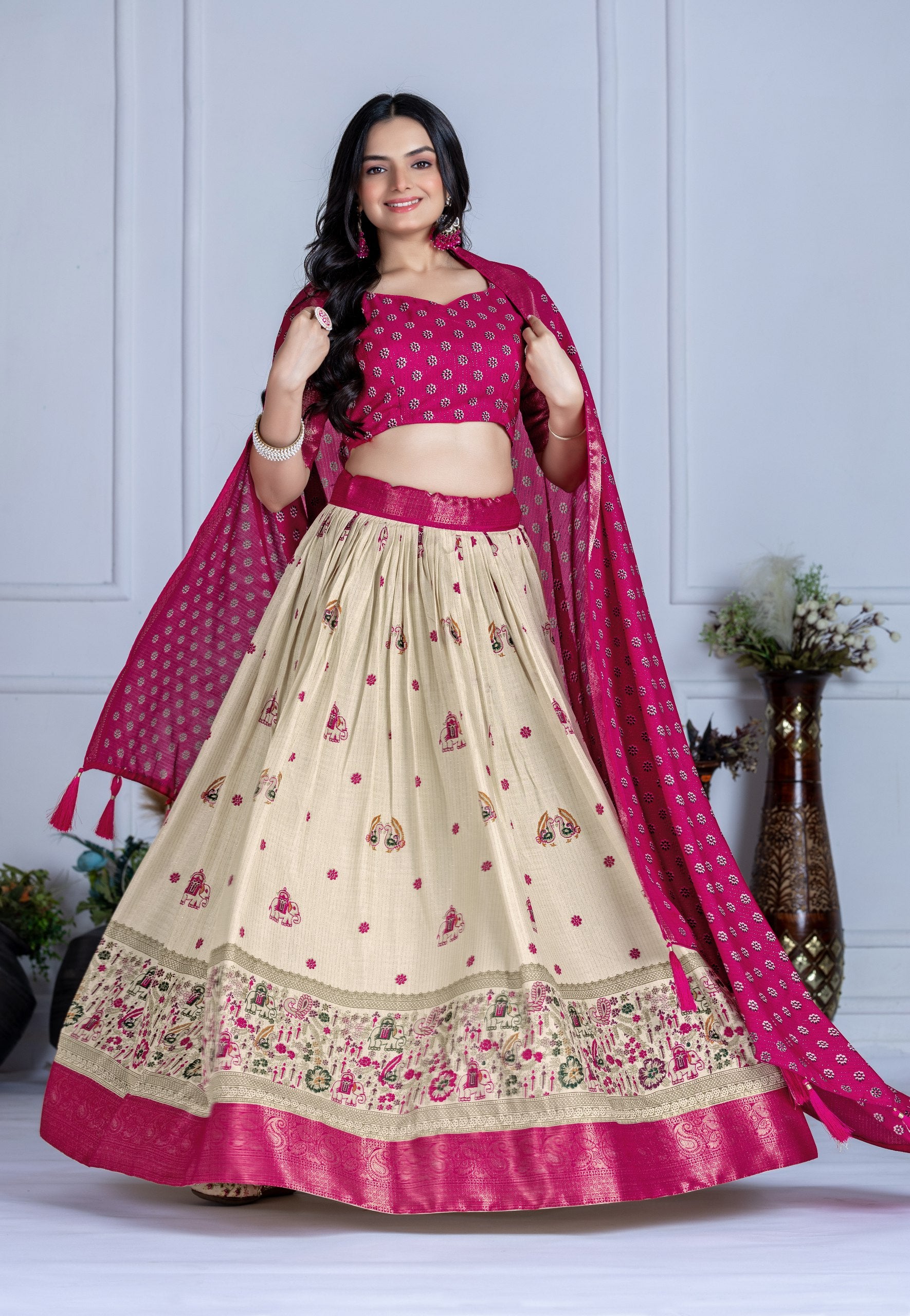 ✨ "Heavy Lichi Jacquard Lehenga Choli with Dupatta | Stitched Upto Size 44 | Wedding & Party Wear (1.2 KG) 🌹"