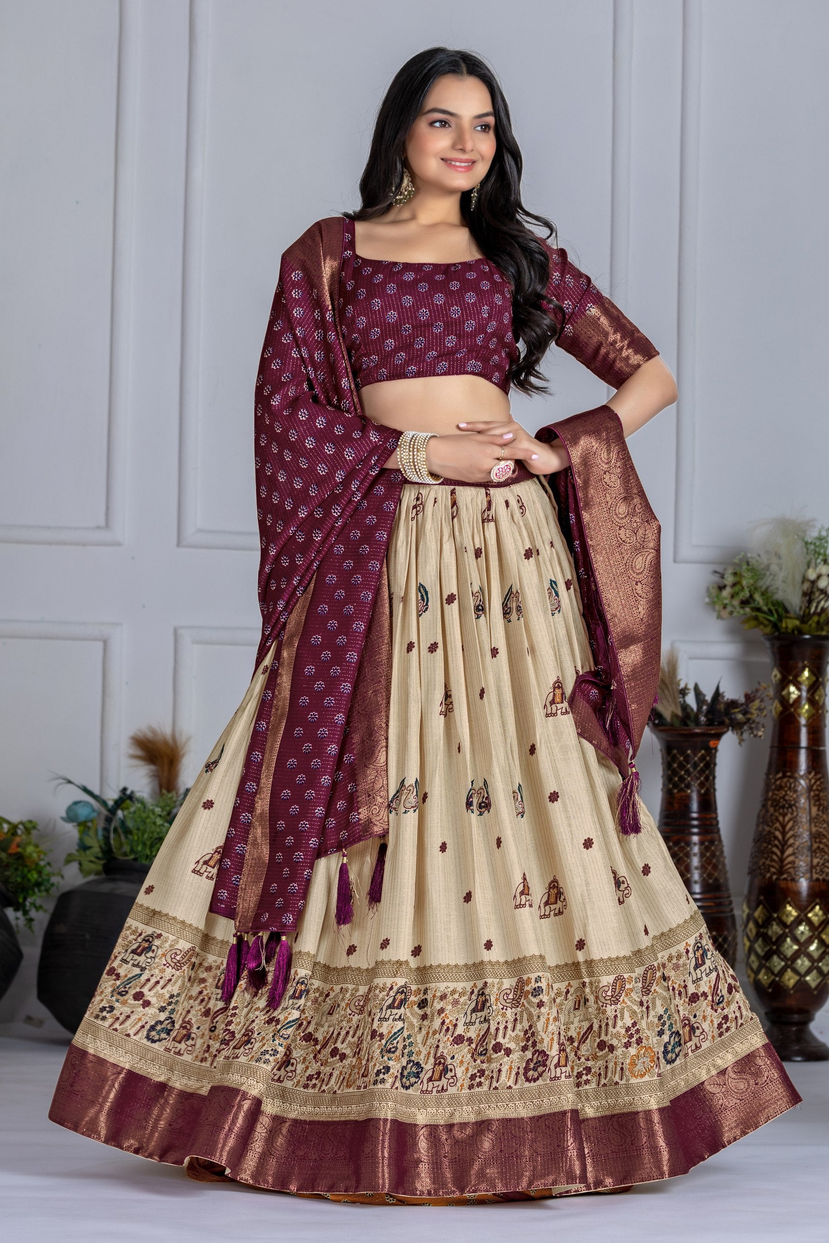 ✨ "Heavy Lichi Jacquard Lehenga Choli with Dupatta | Stitched Upto Size 44 | Wedding & Party Wear (1.2 KG) 🌹"