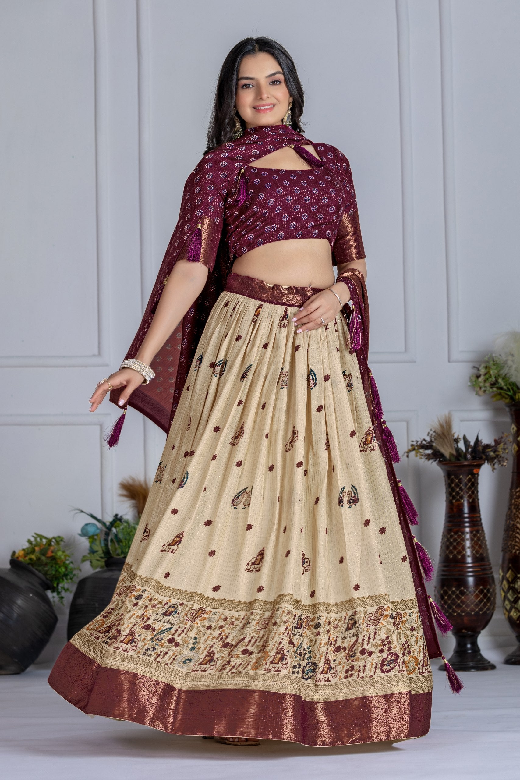 ✨ "Heavy Lichi Jacquard Lehenga Choli with Dupatta | Stitched Upto Size 44 | Wedding & Party Wear (1.2 KG) 🌹"