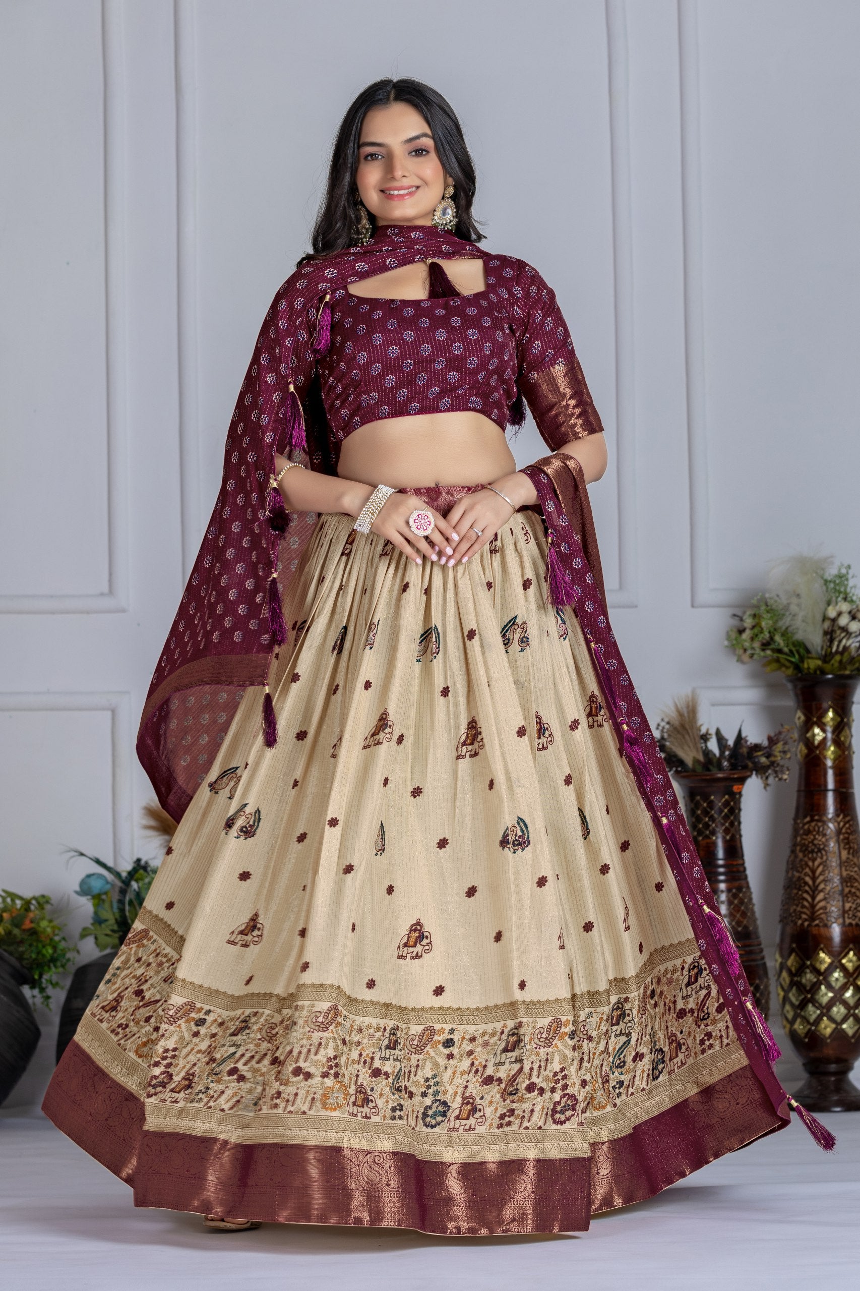 ✨ "Heavy Lichi Jacquard Lehenga Choli with Dupatta | Stitched Upto Size 44 | Wedding & Party Wear (1.2 KG) 🌹"