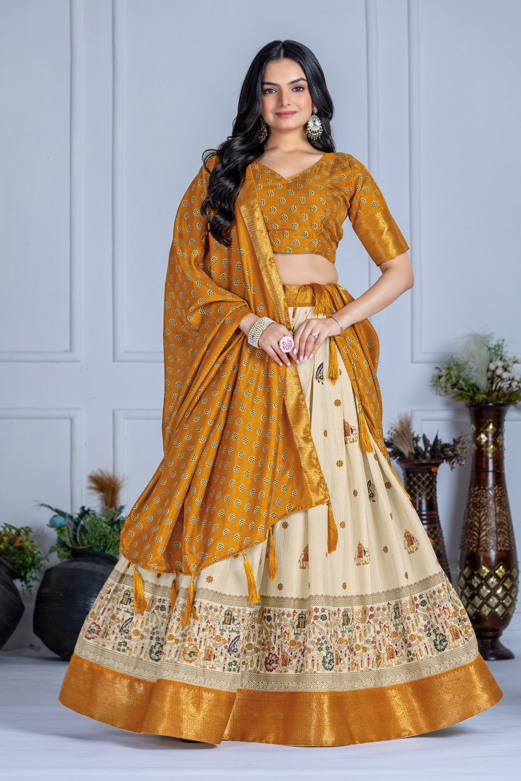 ✨ "Heavy Lichi Jacquard Lehenga Choli with Dupatta | Stitched Upto Size 44 | Wedding & Party Wear (1.2 KG) 🌹"