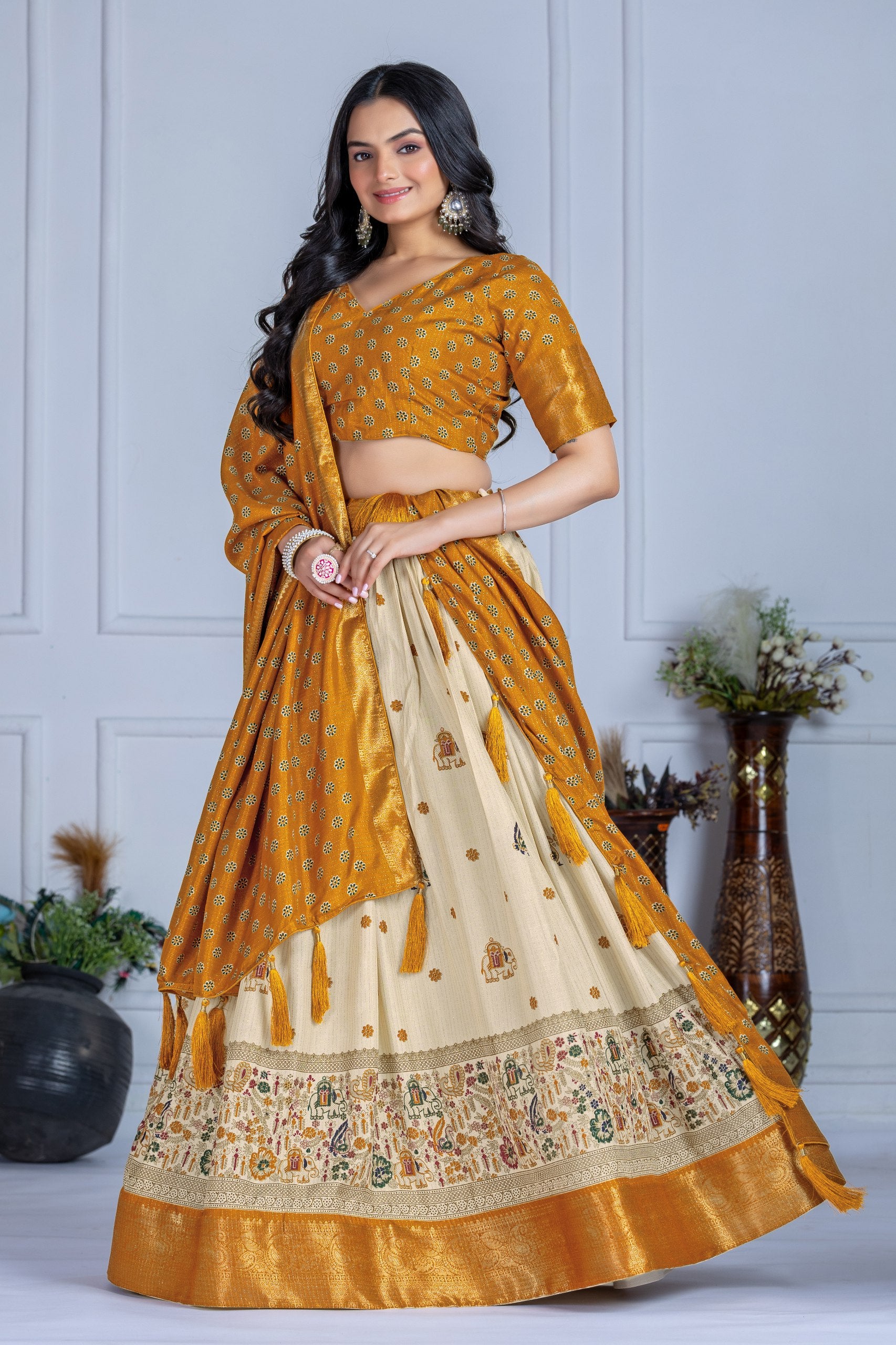 ✨ "Heavy Lichi Jacquard Lehenga Choli with Dupatta | Stitched Upto Size 44 | Wedding & Party Wear (1.2 KG) 🌹"