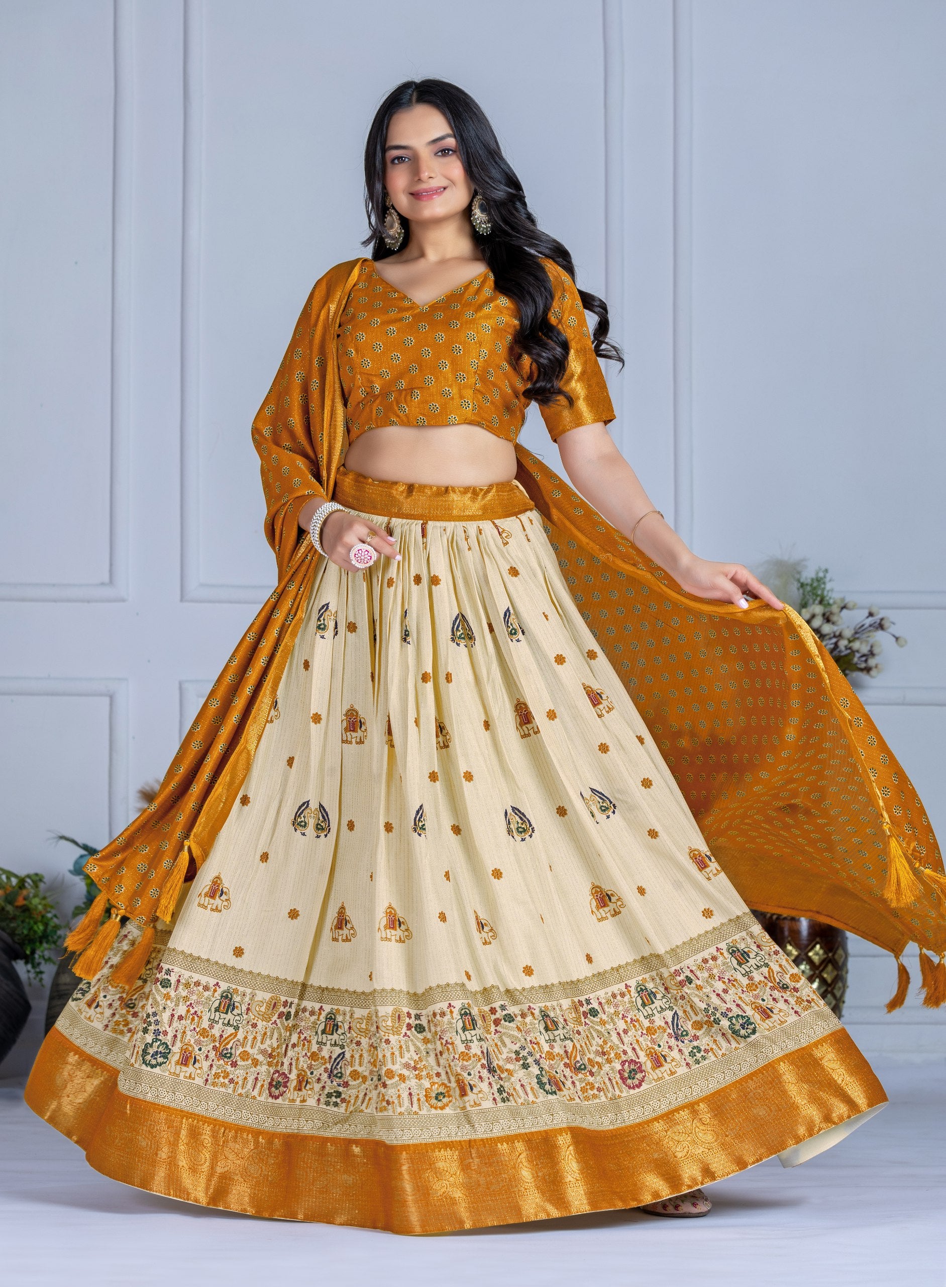 ✨ "Heavy Lichi Jacquard Lehenga Choli with Dupatta | Stitched Upto Size 44 | Wedding & Party Wear (1.2 KG) 🌹"