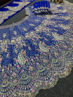 “Royal Blue Butterfly Net Lehenga with Coding Sequins & Peacock Embroidery – Length 42, Blouse up to 5XL”