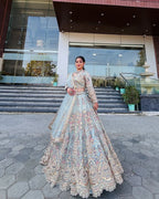 “Pastel Blue Butterfly Net Lehenga with Coding Sequins Embroidery – Length 42, Blouse up to 5XL”