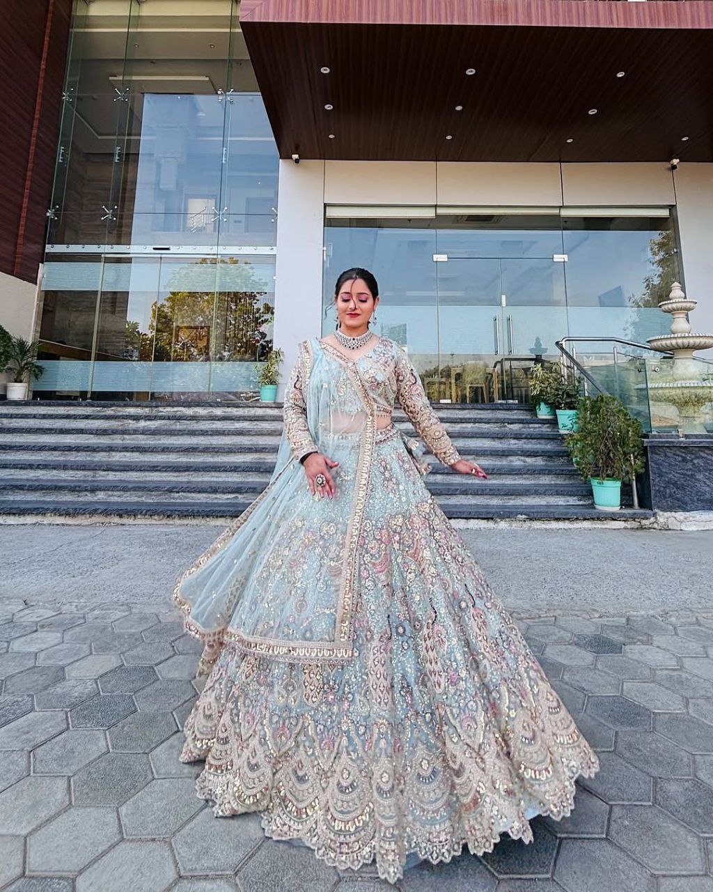 “Pastel Blue Butterfly Net Lehenga with Coding Sequins Embroidery – Length 42, Blouse up to 5XL”