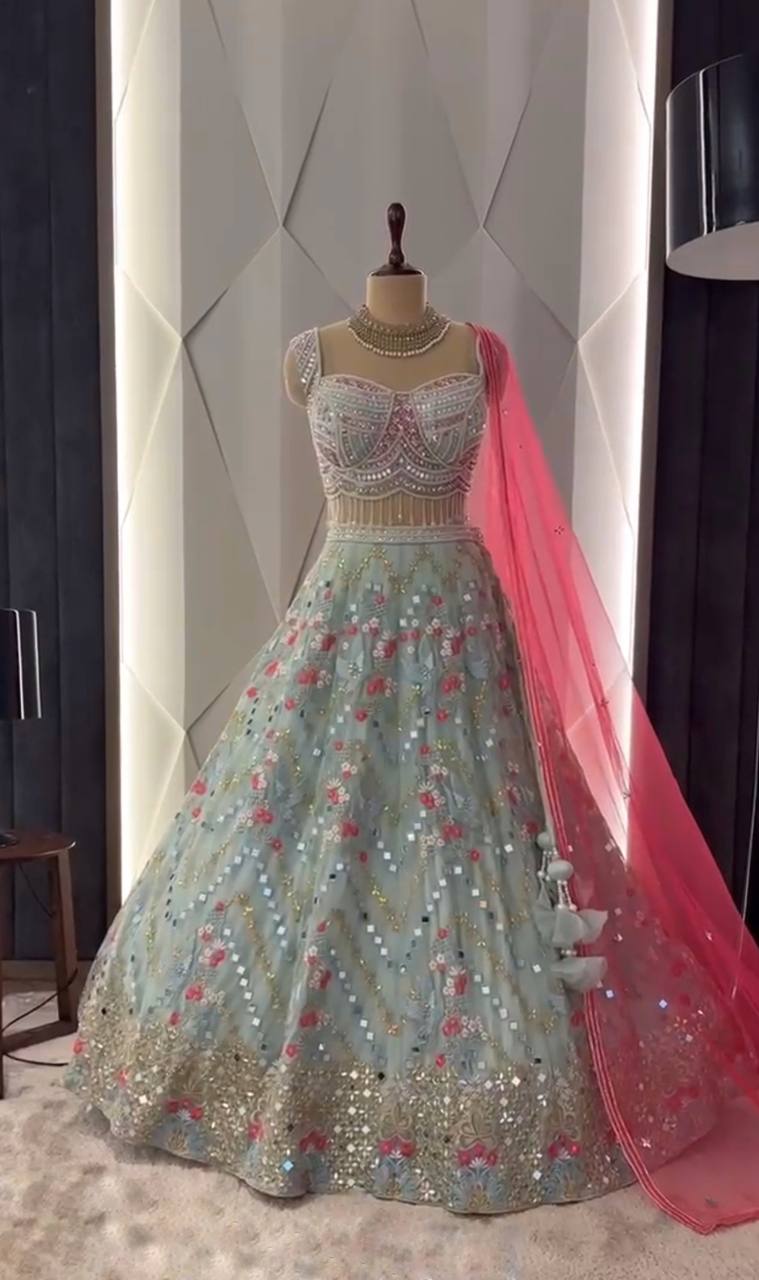 Real Mirror Work Faux Georgette Lehenga with Sequins Embroidery & Net Dupatta – Wedding & Party Wear