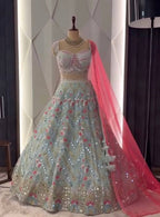 “Pastel  Faux Georgette Lehenga with Real Mirror & Sequins Embroidery – Butterfly Net Dupatta, Blouse up to 5XL”