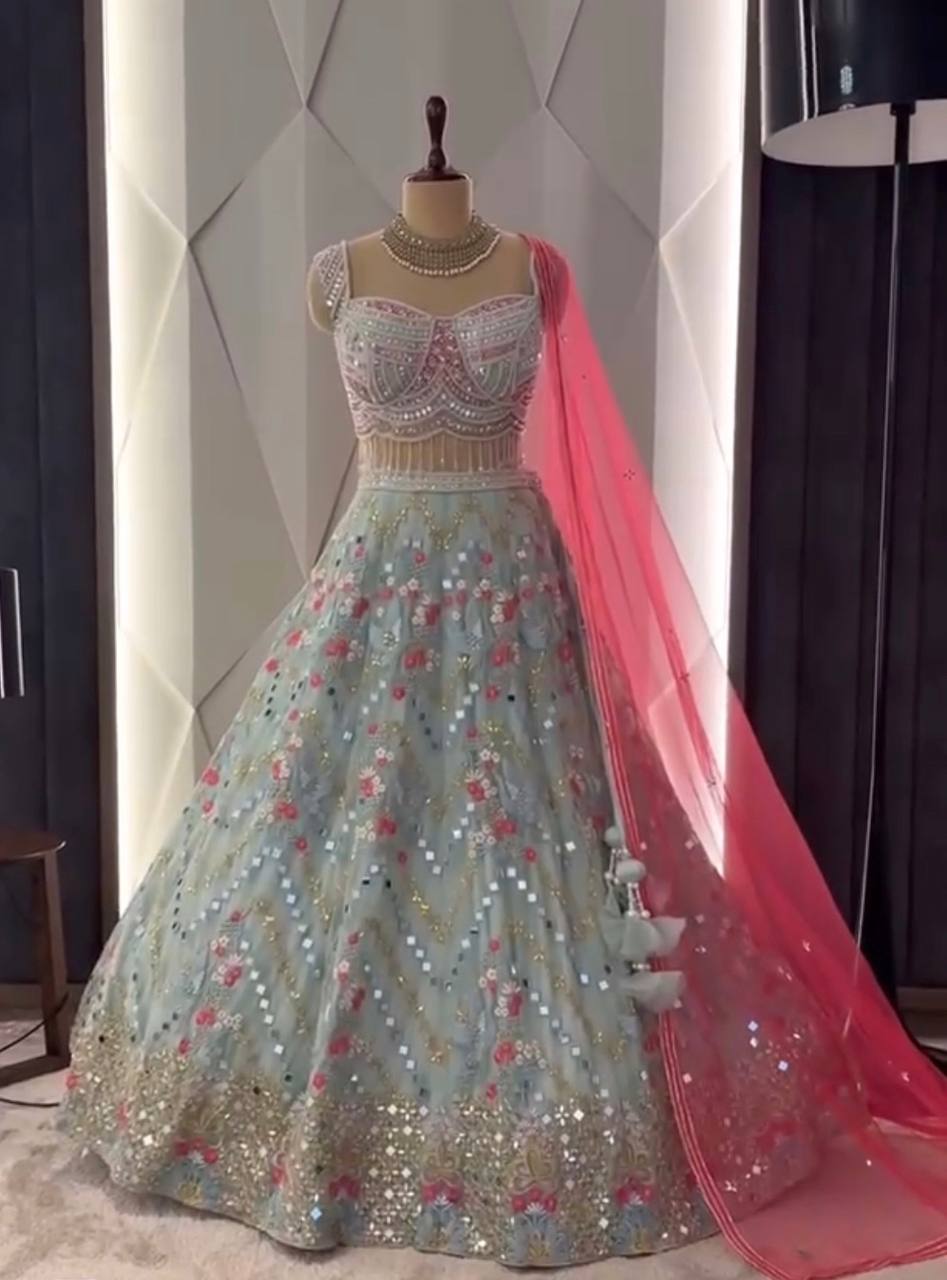 Real Mirror Work Faux Georgette Lehenga with Sequins Embroidery & Net Dupatta – Wedding & Party Wear