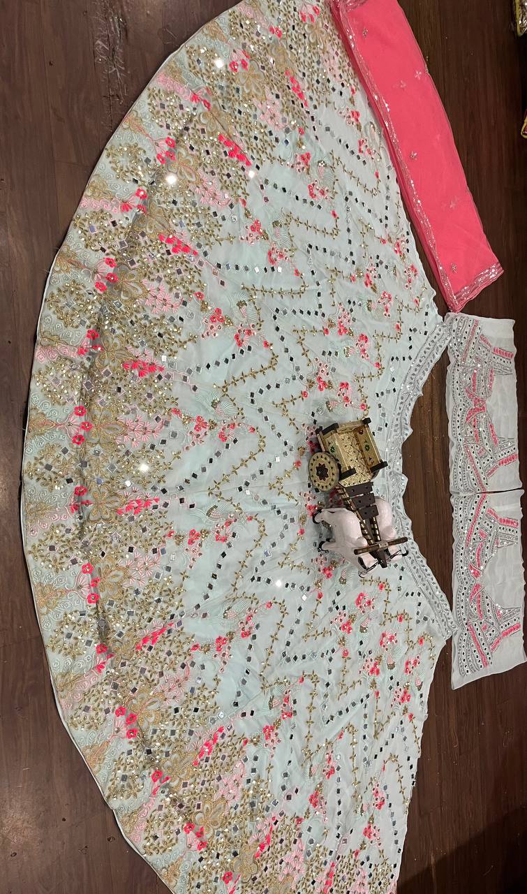 Real Mirror Work Faux Georgette Lehenga with Sequins Embroidery & Net Dupatta – Wedding & Party Wear