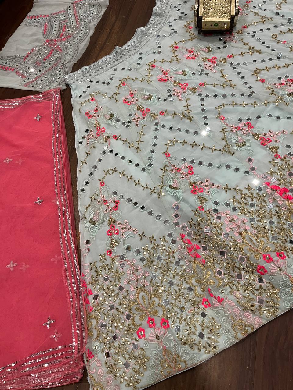 Real Mirror Work Faux Georgette Lehenga with Sequins Embroidery & Net Dupatta – Wedding & Party Wear