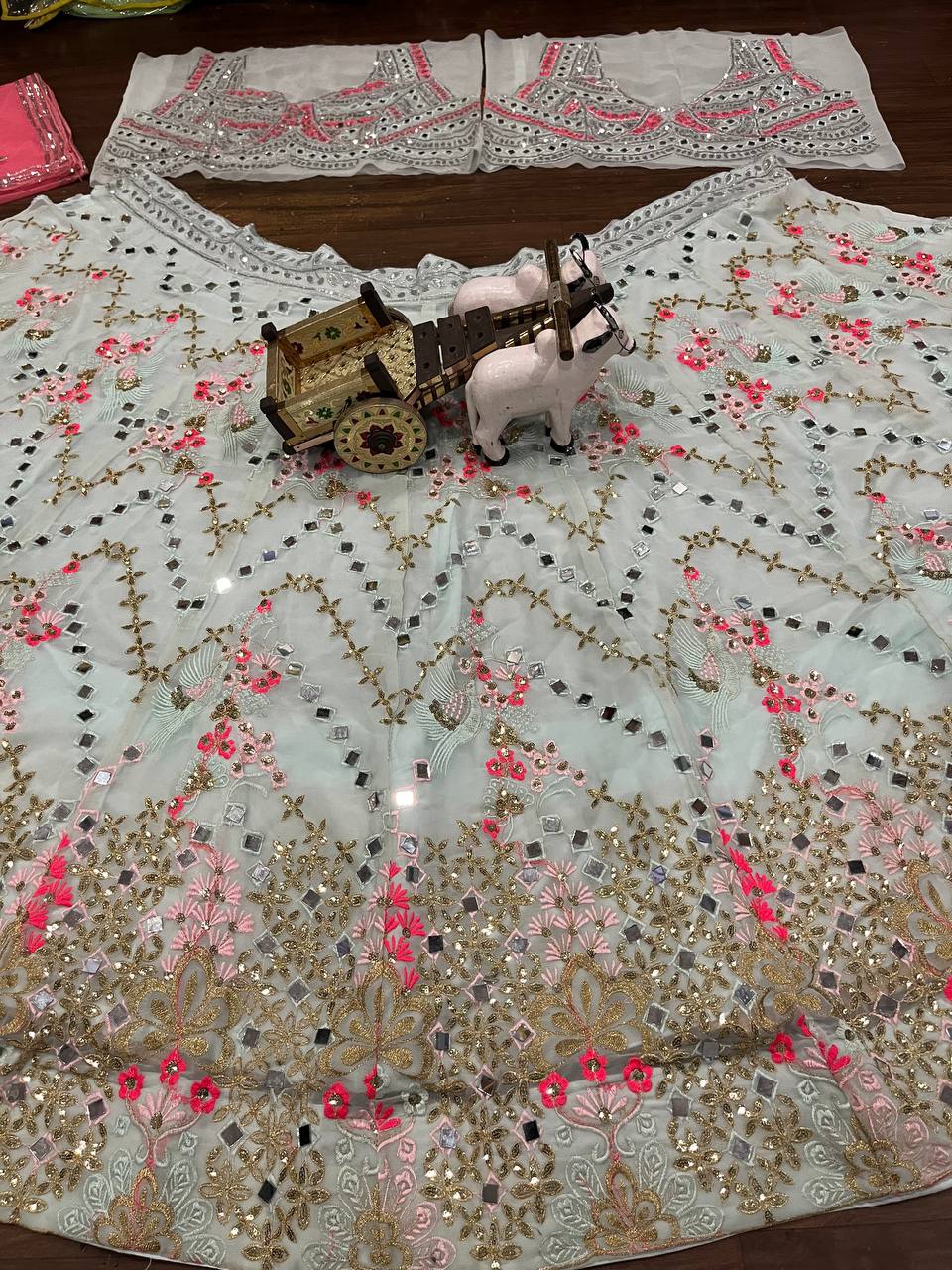 “Pastel  Faux Georgette Lehenga with Real Mirror & Sequins Embroidery – Butterfly Net Dupatta, Blouse up to 5XL”