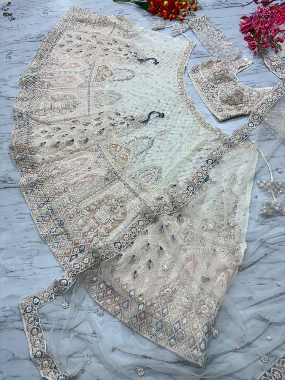 Premium Butterfly Net Lehenga Choli Set - 3.5m Flare with Peacock Design