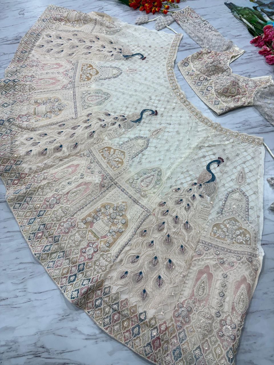 Premium Butterfly Net Lehenga Choli Set - 3.5m Flare with Peacock Design