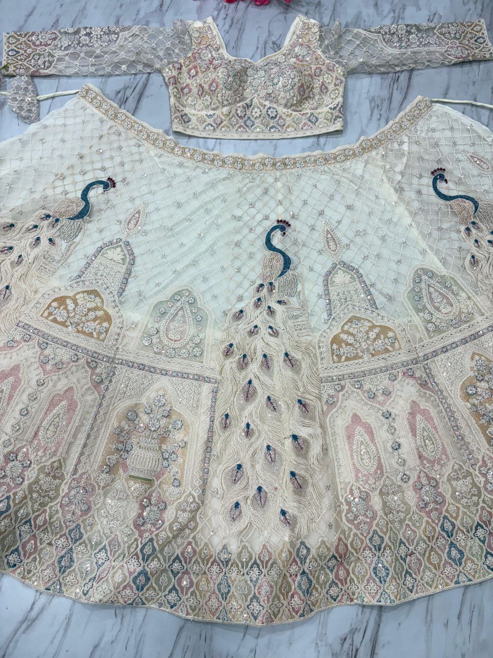 Premium Butterfly Net Lehenga Choli Set - 3.5m Flare with Peacock Design