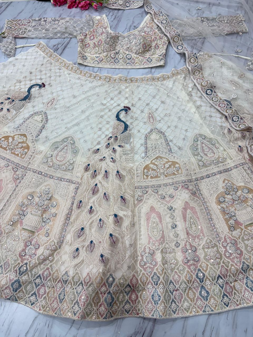 Premium Butterfly Net Lehenga Choli Set - 3.5m Flare with Peacock Design