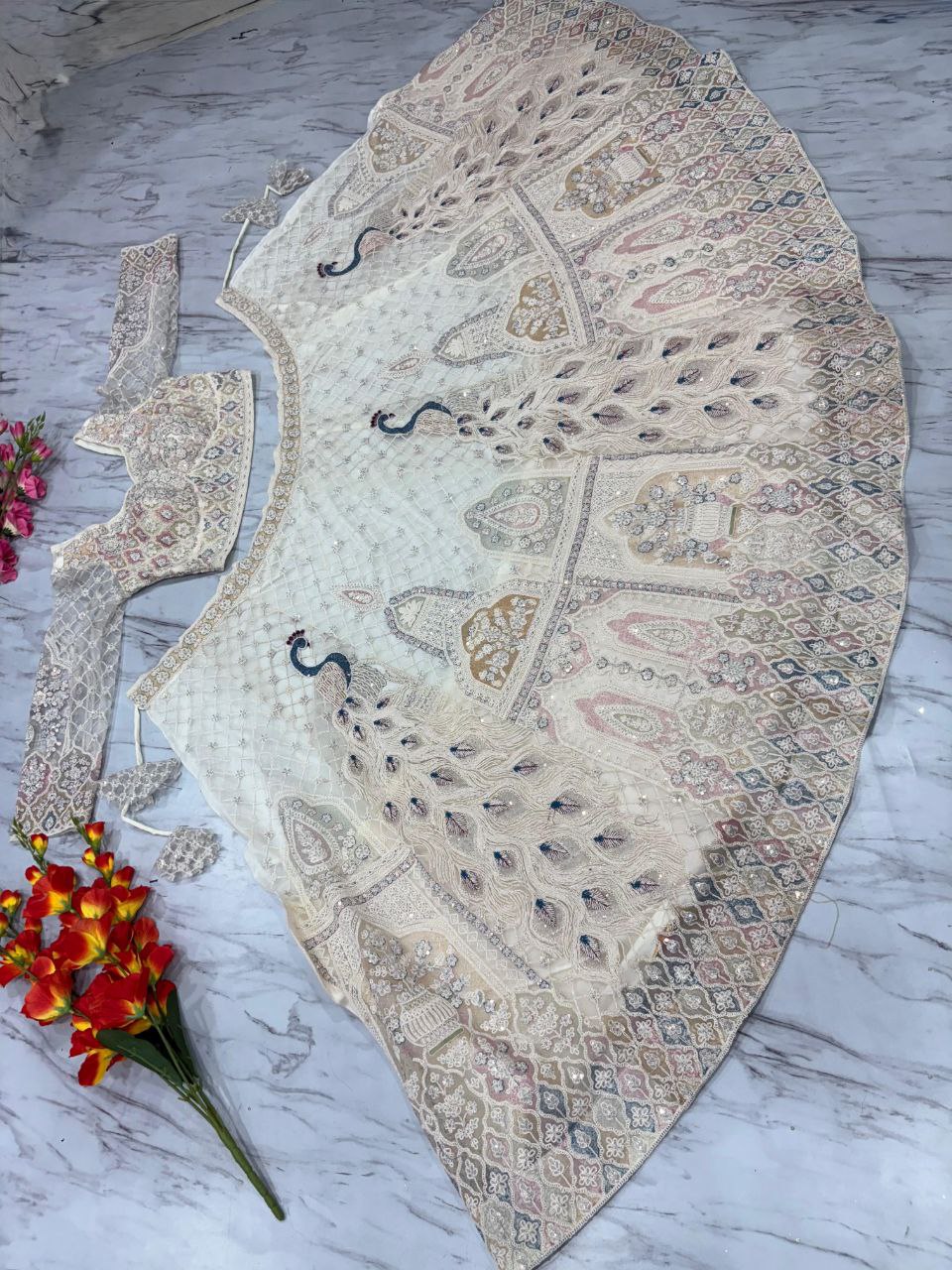 Premium Butterfly Net Lehenga Choli Set - 3.5m Flare with Peacock Design
