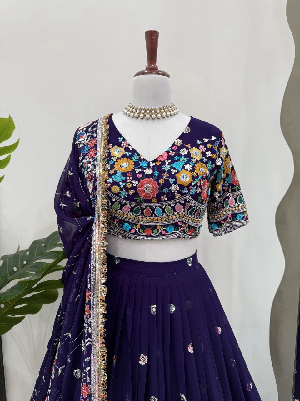 Faux Georgette Lehenga Choli Set - Thread & Sequence Embroidered Ethnic Wear