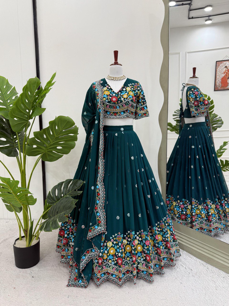 Faux Georgette Lehenga Choli Set - Thread & Sequence Embroidered Ethnic Wear