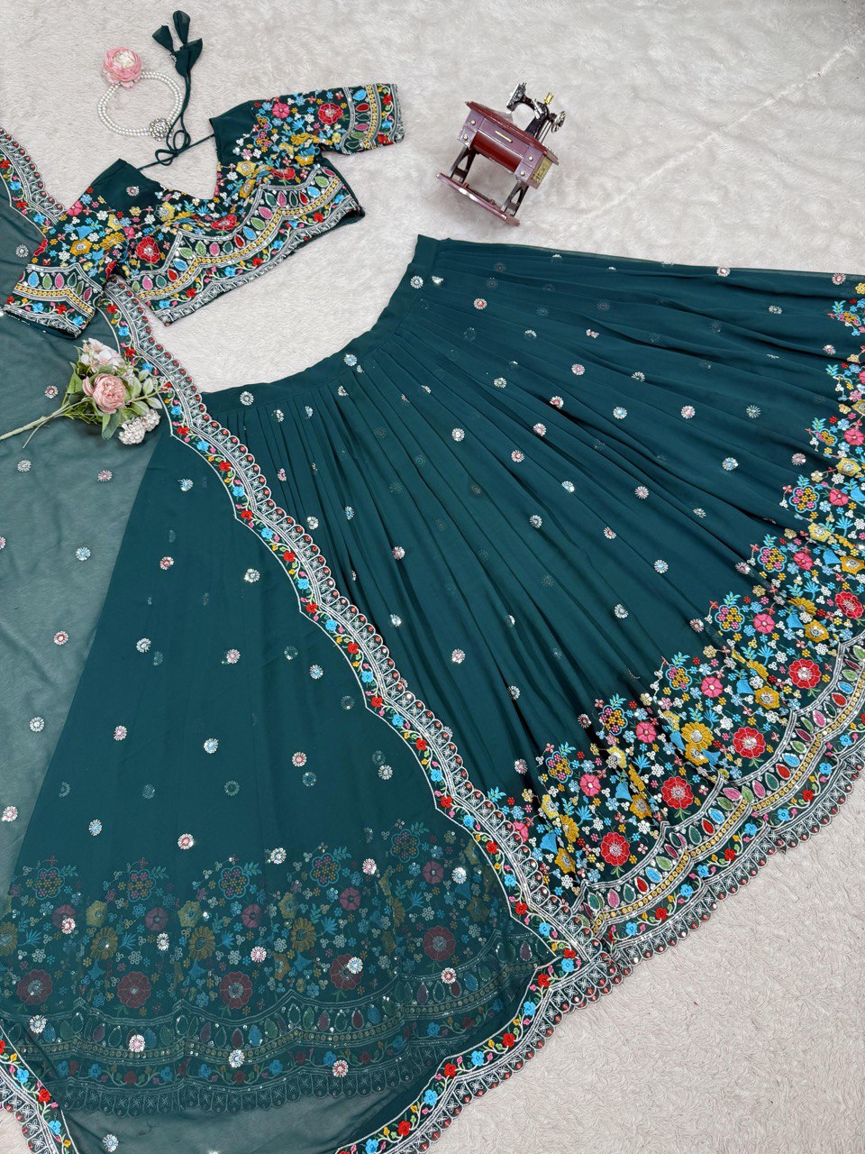 Faux Georgette Lehenga Choli Set - Thread & Sequence Embroidered Ethnic Wear