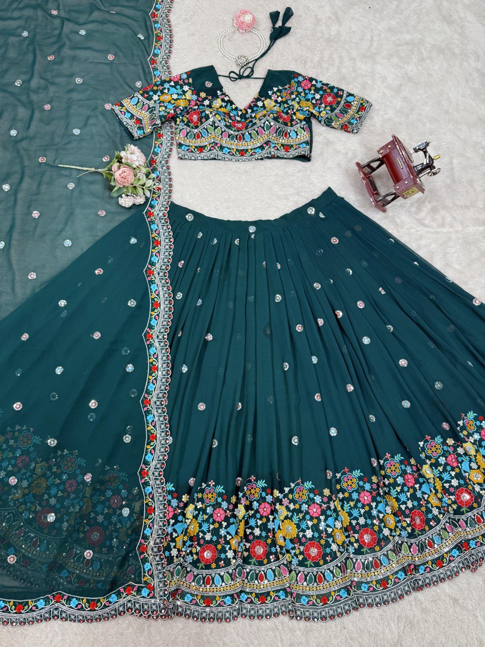 Faux Georgette Lehenga Choli Set - Thread & Sequence Embroidered Ethnic Wear