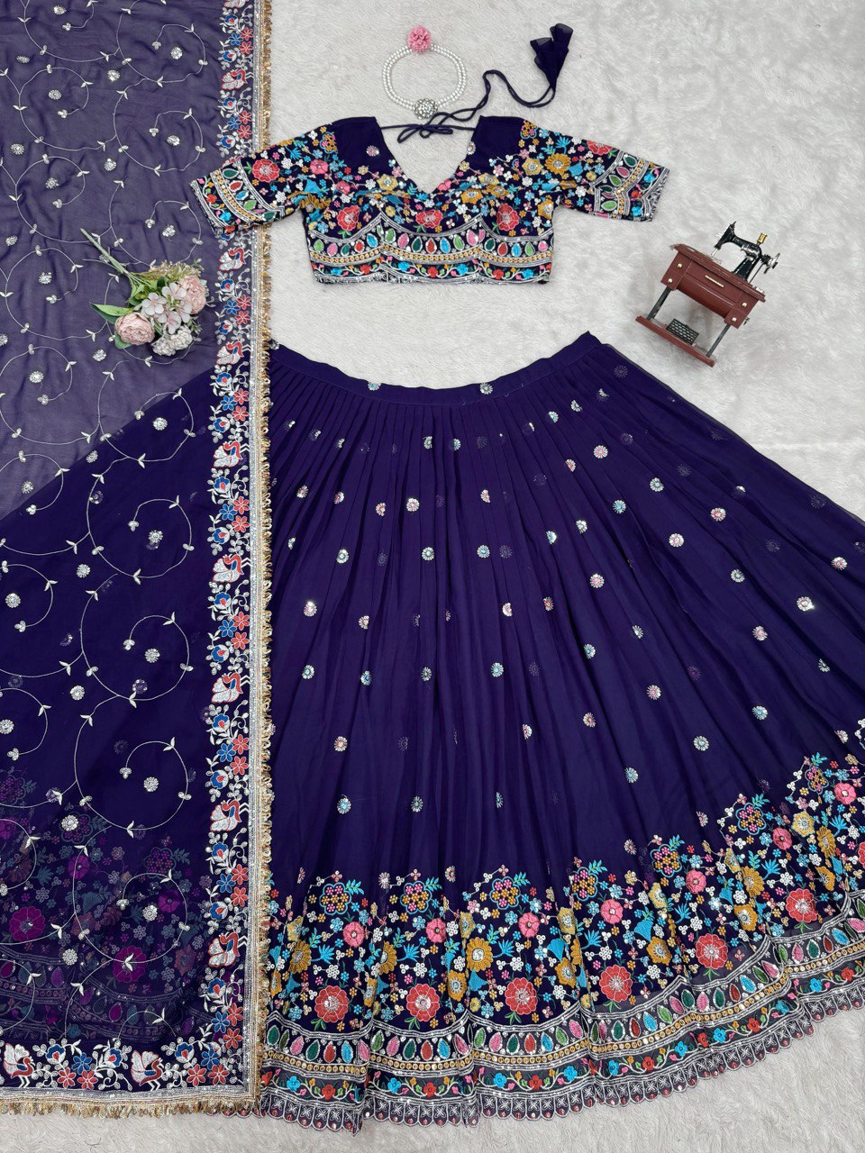Faux Georgette Lehenga Choli Set - Thread & Sequence Embroidered Ethnic Wear