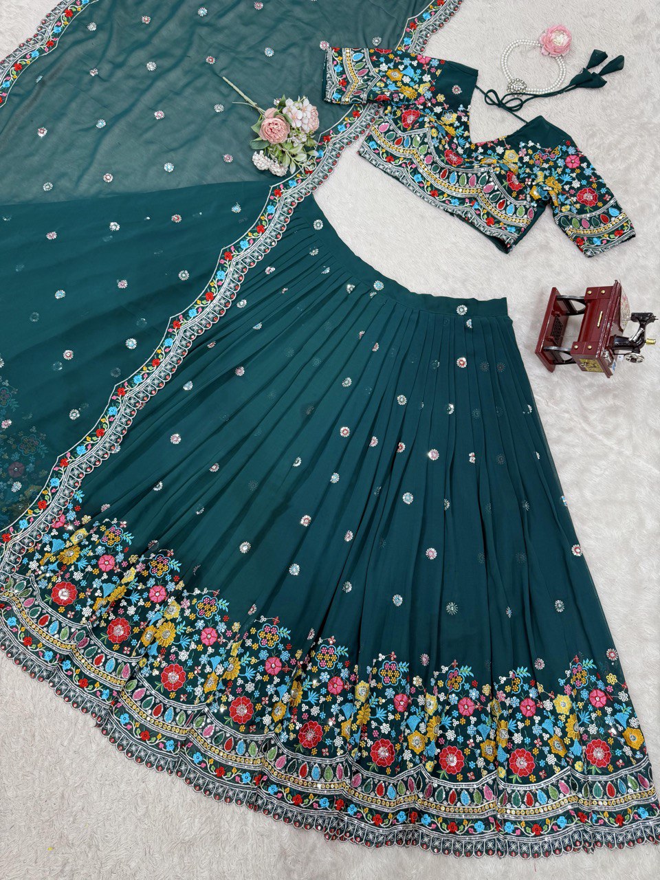 Faux Georgette Lehenga Choli Set - Thread & Sequence Embroidered Ethnic Wear